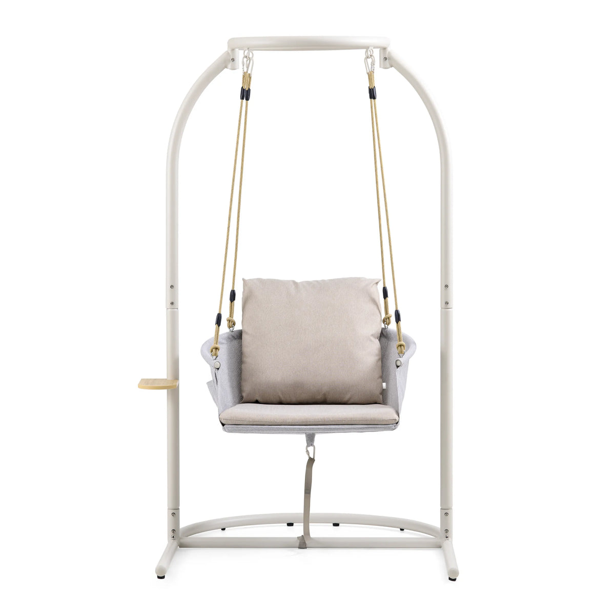 Fauteuil suspendu beige Skylo avec structure, coussin d'assise et rangement intégré de hjh LIVING – vue à 360° (vue de face 0°)