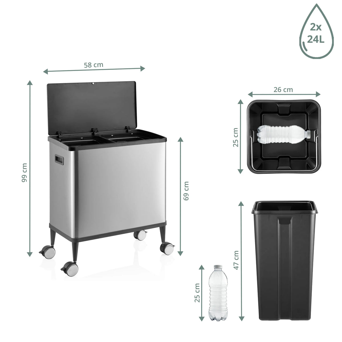 Dessin technique de la poubelle Clean Mobile en argent, 99 x 58 cm, avec deux bacs de 24 litres de hjh OFFICE