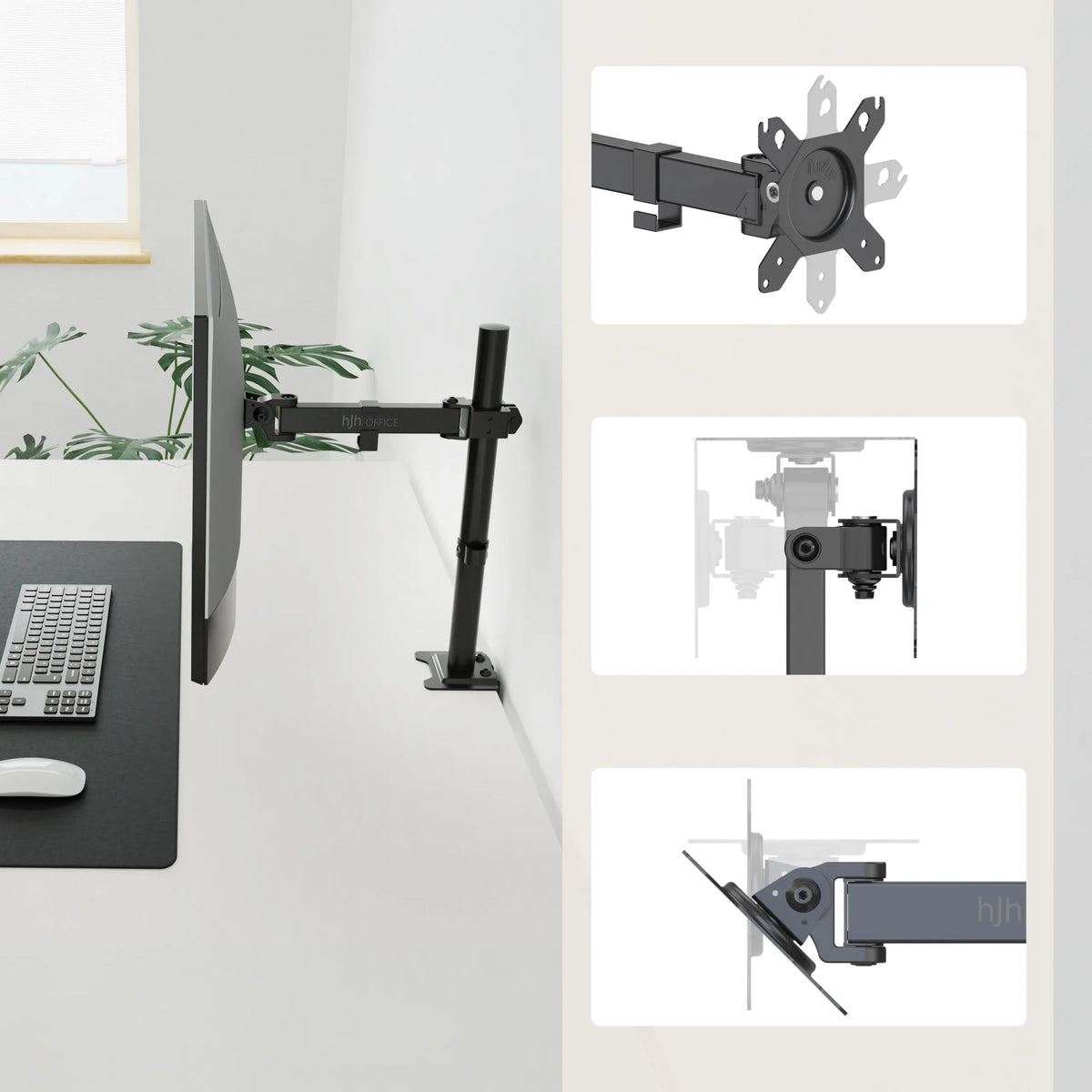 Fixation pour écran Ergomount M1 en noir avec plaque adaptatrice VESA et articulations de hjh OFFICE