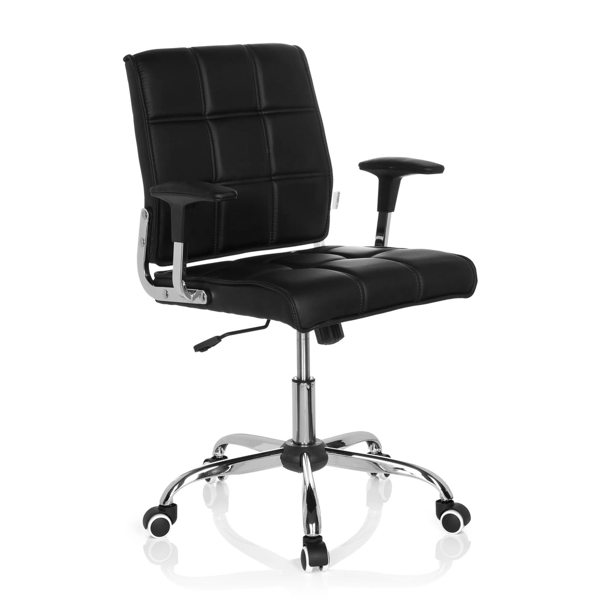 Siège de bureau à domicile ERNESTO noir avec rembourrage capitonné et base à cinq roulettes de hjh OFFICE – vue à 360° (vue de trois quarts avant 40°)