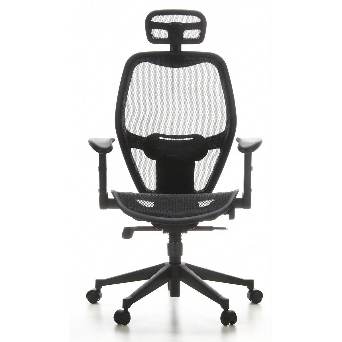 Siège de bureau de qualité professionnelle AIR-PORT noir, dossier maille, appui-tête et base à 5 roulettes de hjh OFFICE – vue à 360° (vue de face 0°)
