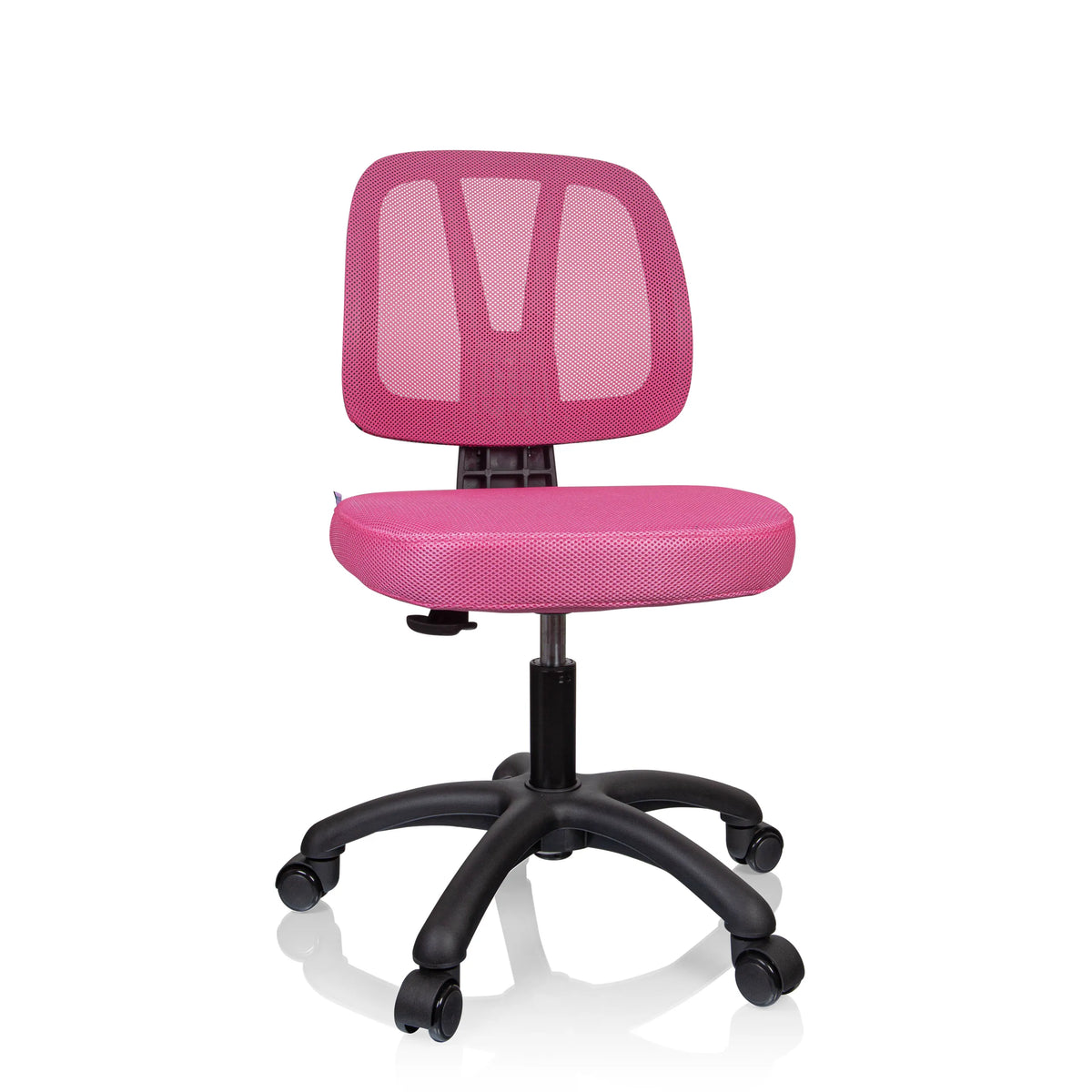 Chaise pivotante pour des enfants KID YU 200 rose avec dossier en maille et pied noir à cinq roulettes de hjh OFFICE – vue à 360° (vue de face 15°)