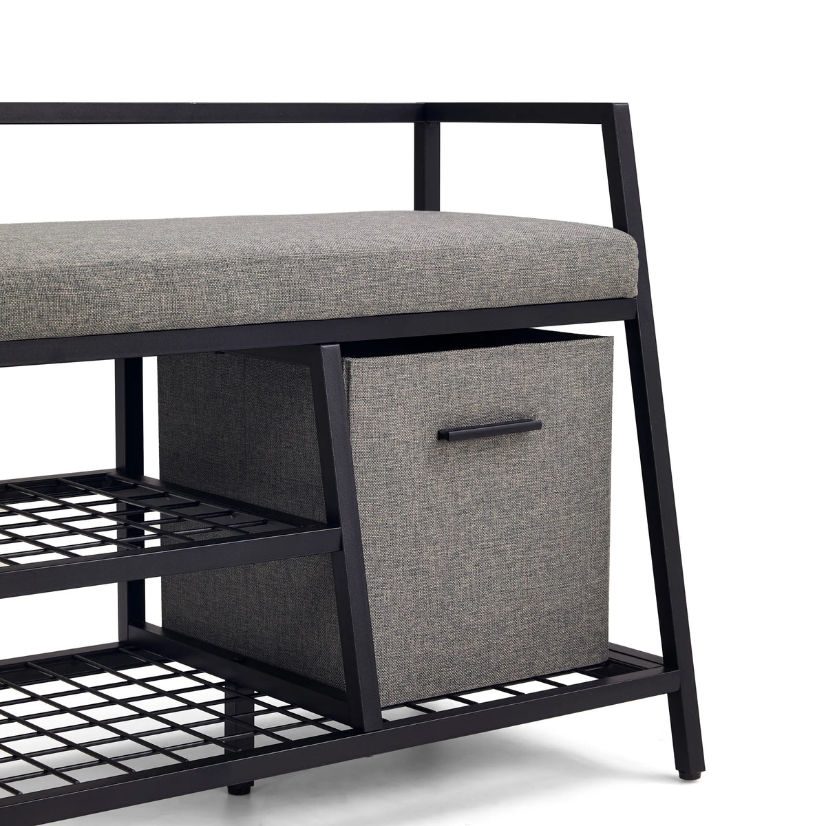 Panier de rangement gris et étagères grillagées de l'armoire à chaussures Estha Loft avec cadre en métal noir de hjh LIVING