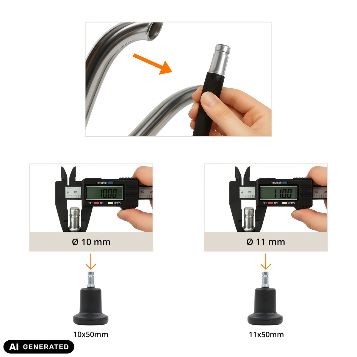 Größenbestimmung für Stuhlgleiter 5 x STAND Nr. 11 mit 10 mm und 11 mm Durchmesser von hjh OFFICE (KI-generiertes Bild)