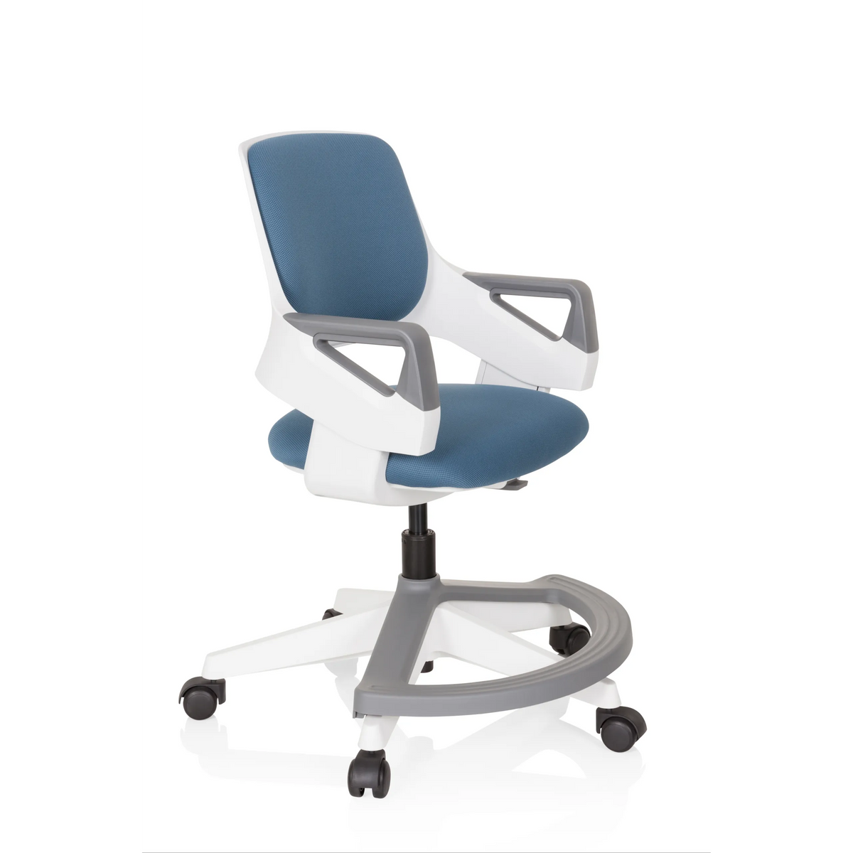 Chaise pivotante pour des enfants KID FLEX bleu gris avec accoudoirs et pied à cinq roulettes de hjh OFFICE – vue à 360° (vue de trois quarts avant 60°)