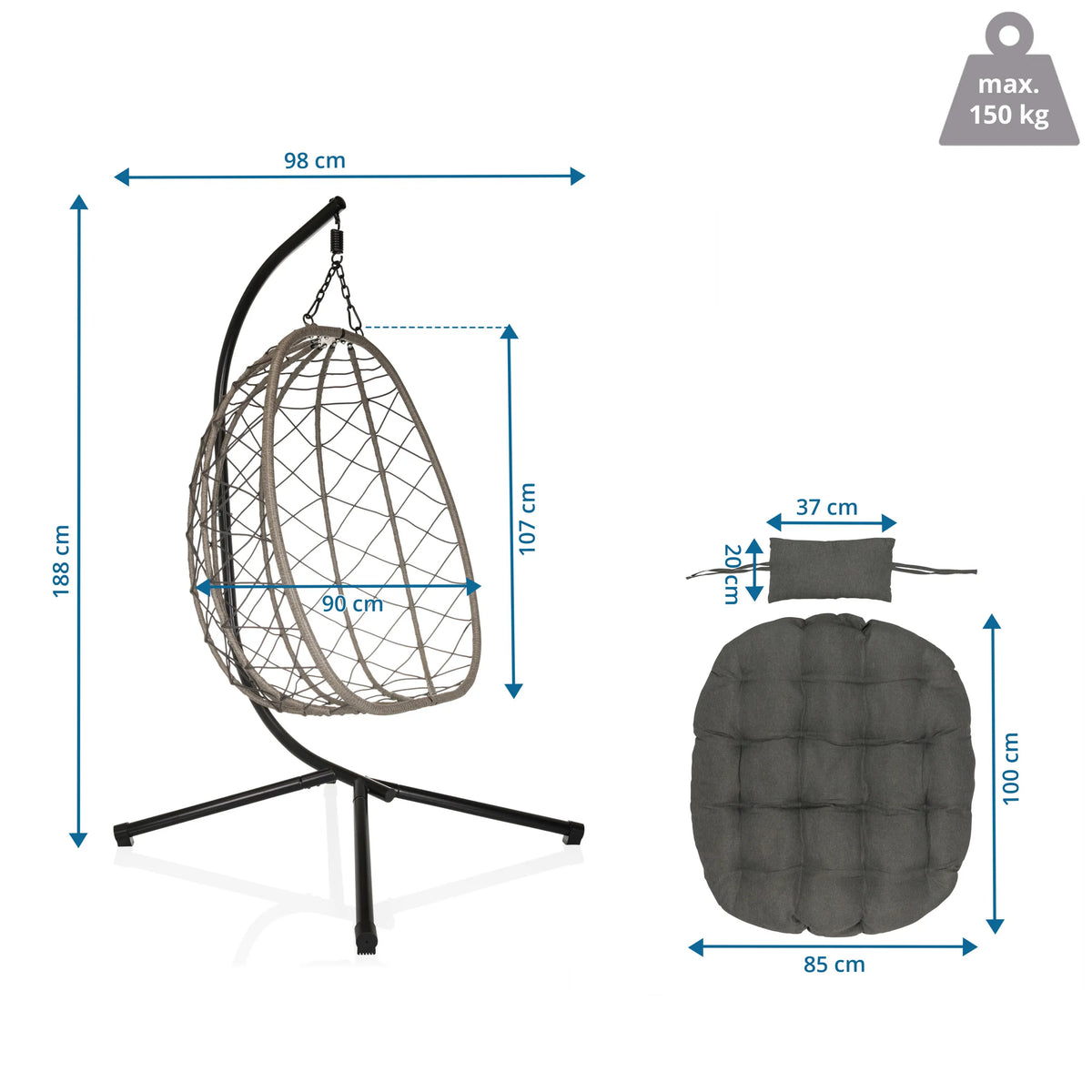 Dessin coté du Fauteuil suspendu COCOVA d'une hauteur de 188 cm et d'une largeur de 98 cm de hjh LIVING