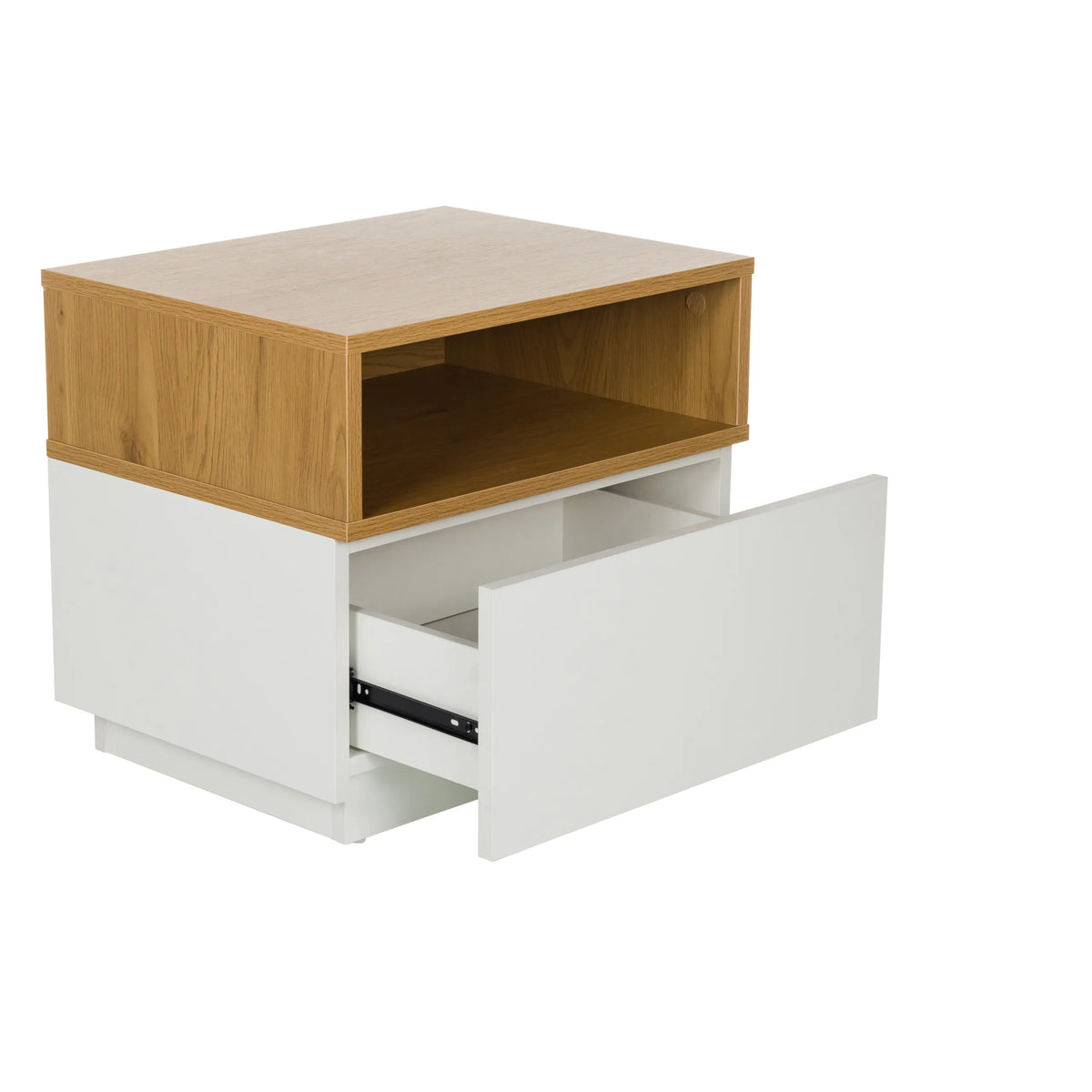 Tiroir ouvert de la table d'appoint MELMO en blanc et chêne de hjh LIVING