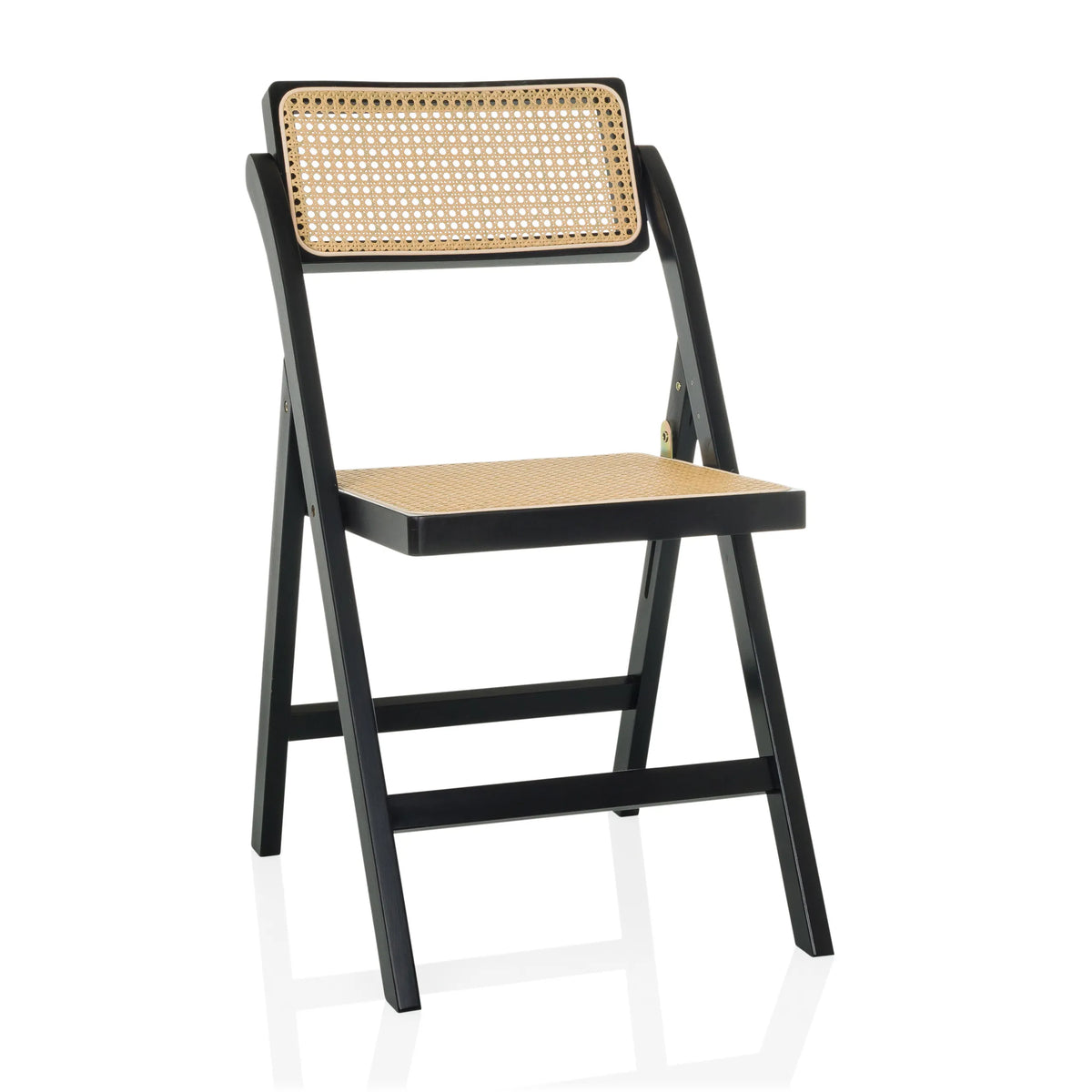 Chaise pliante TUDELA BAMBOO noire avec assise et dossier en cane viennoise marron de hjh LIVING – vue à 360° (vue de face 15°)