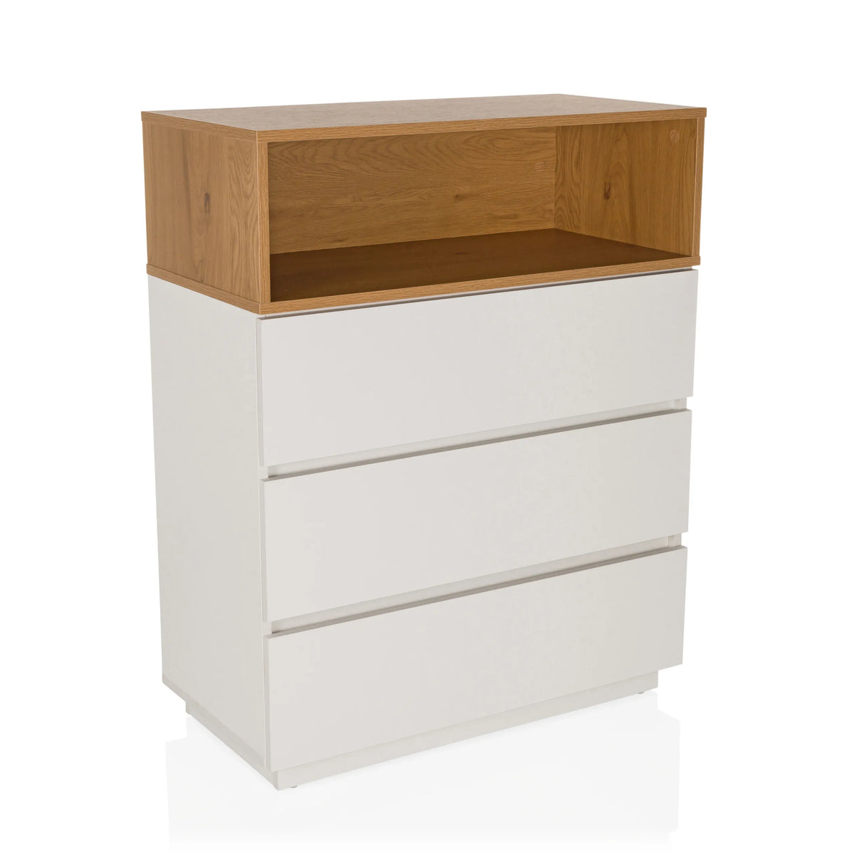Commode blanche MELMO K avec trois tiroirs et un compartiment de rangement ouvert effet chêne de hjh LIVING – vue à 360° (vue de trois quarts avant 30°)