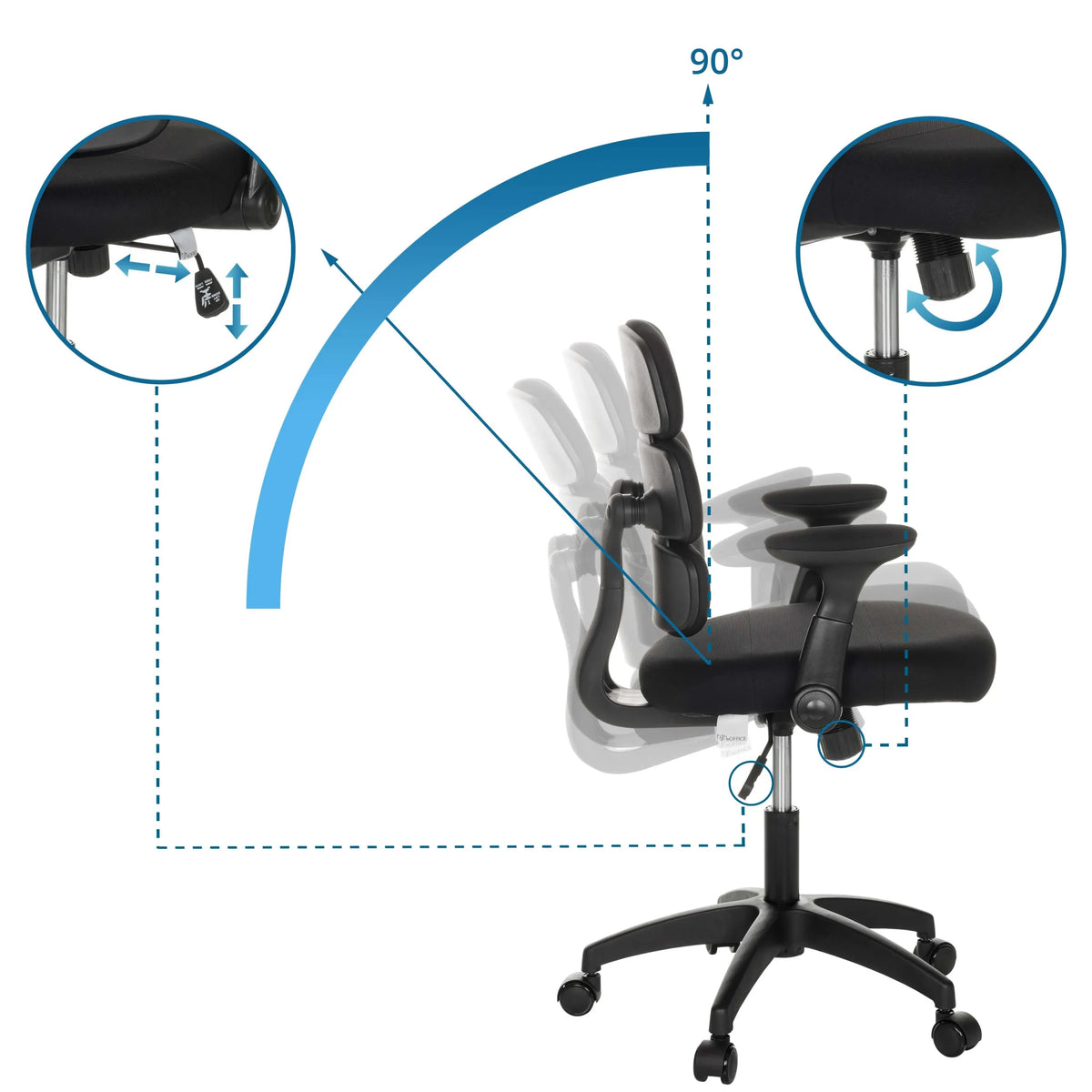 Dossier réglable avec angle de 90 degrés et réglage de la hauteur de la Chaise pivotante pour des enfants KID ERGOLINO B de hjh OFFICE