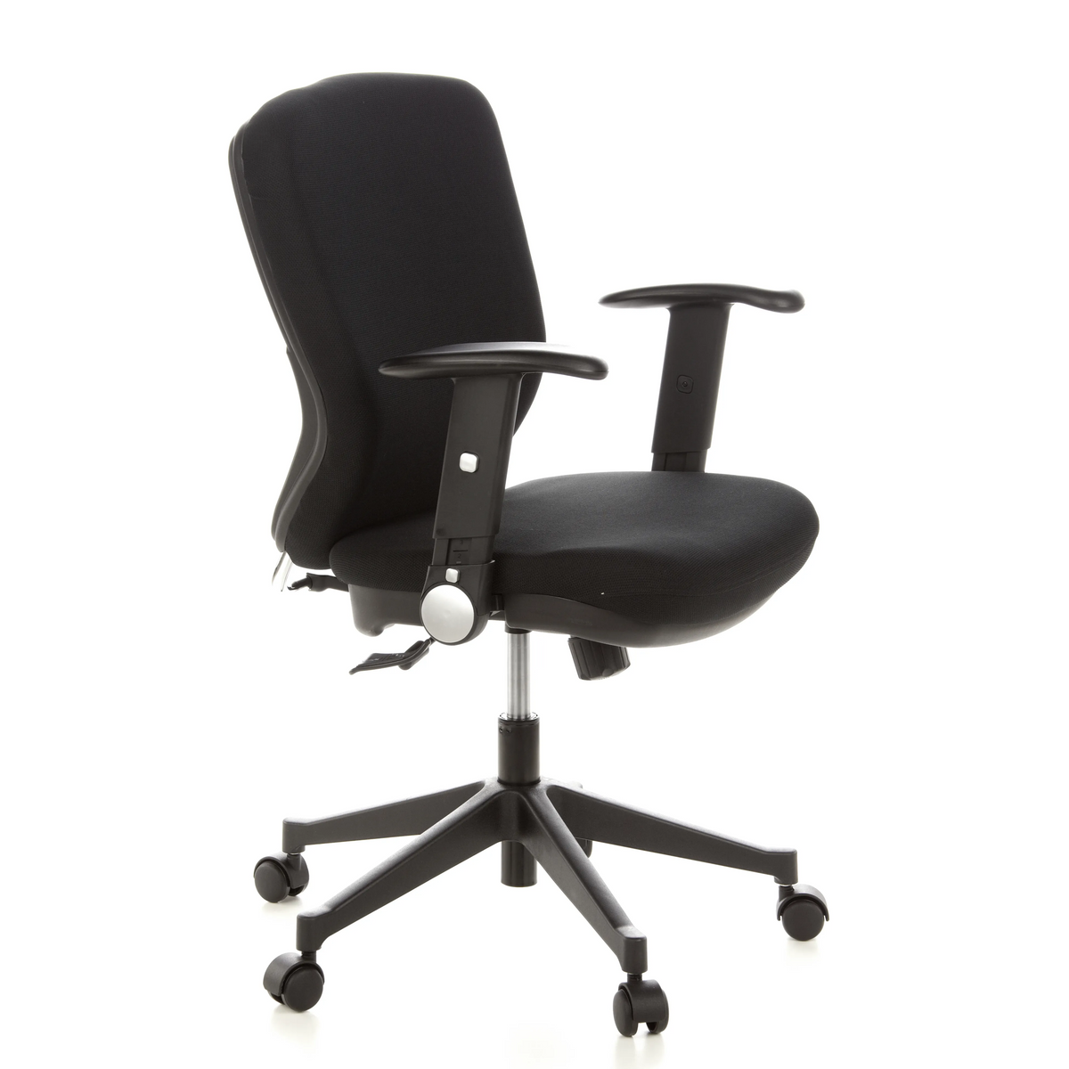 Siège de bureau de qualité professionnelle TRAFFIC 20 noir avec accoudoirs et base à cinq roulettes de hjh OFFICE – vue à 360° (vue de trois quarts avant 60°)