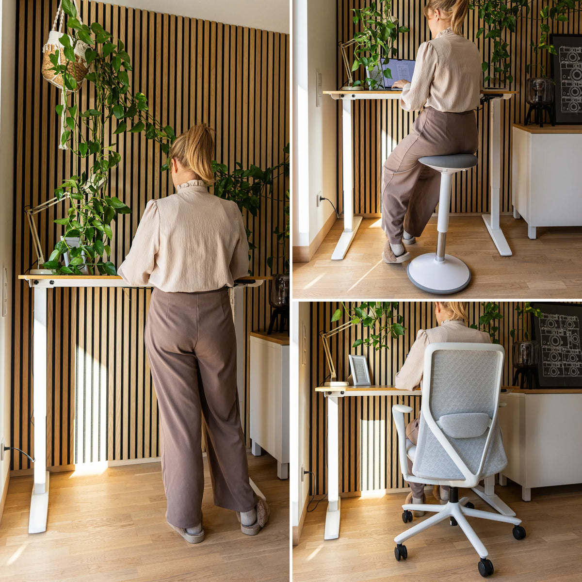 Bureau réglable en hauteur électriquement STAND BASIC en blanc et chêne à différentes hauteurs de hjh OFFICE
