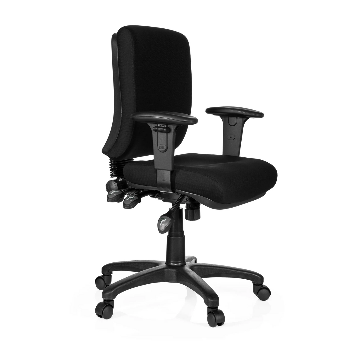 Siège de bureau de qualité professionnelle ZENIT BASE noir avec accoudoirs et pied à cinq roulettes de hjh OFFICE – vue à 360° (vue de trois quarts avant 60°)