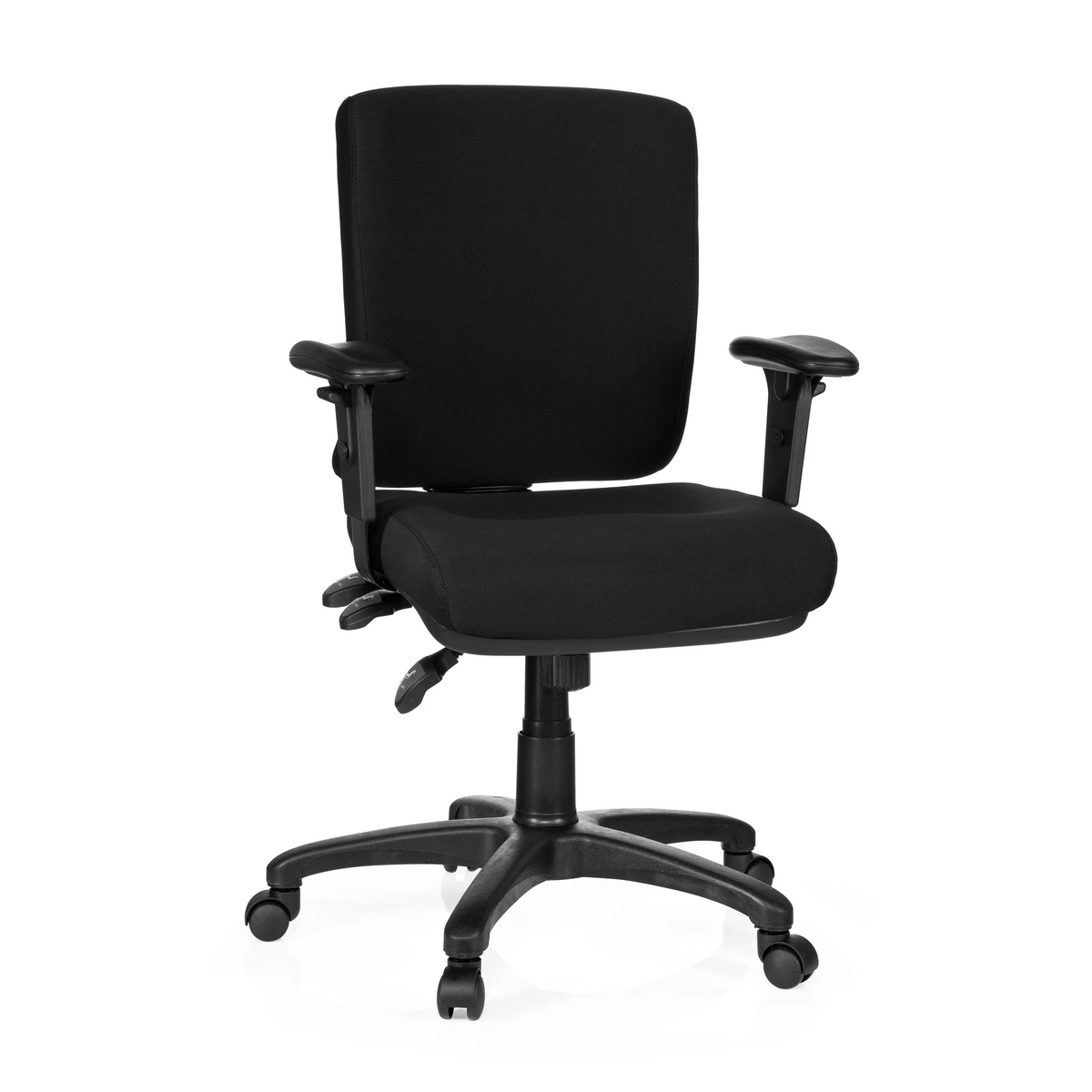 Siège de bureau de qualité professionnelle ZENIT BASE noir avec accoudoirs et pied à cinq roulettes de hjh OFFICE – vue à 360° (vue de face 20°)