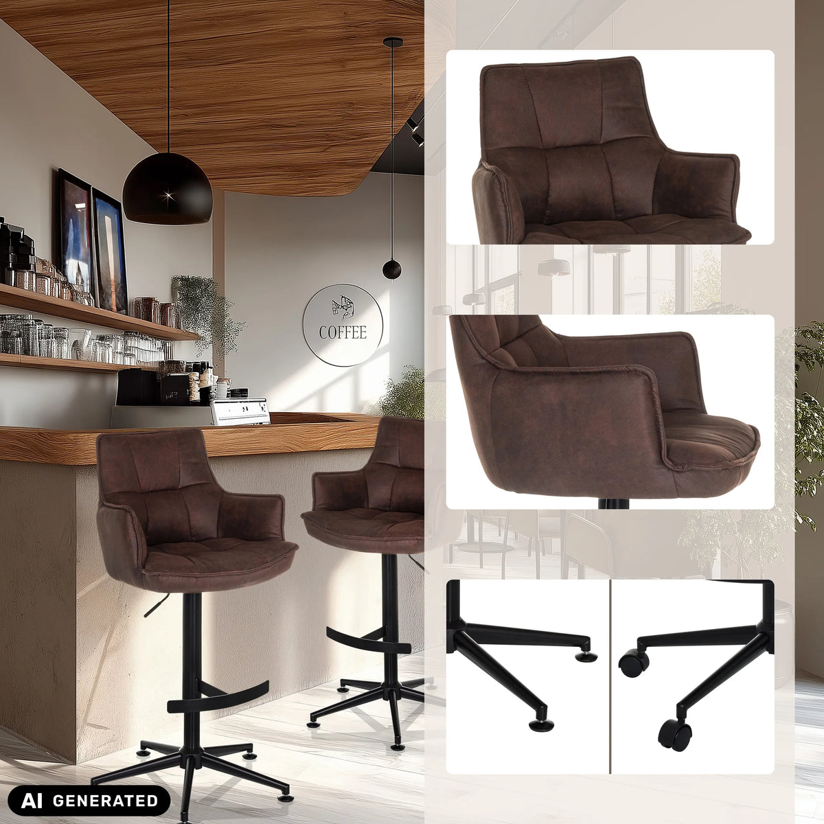 Tabouret de bar SOLAO LIFE HIGH marron avec piètement en étoile et roulettes optionnelles de hjh LIVING (image générée par IA)