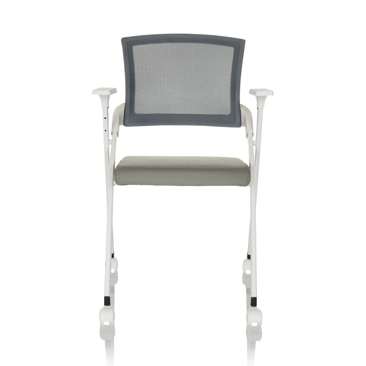 Chaise pliante PRIORITY II W PU grise avec dossier en maille, accoudoirs et roulettes de hjh OFFICE – vue à 360° (vue de face 0°)