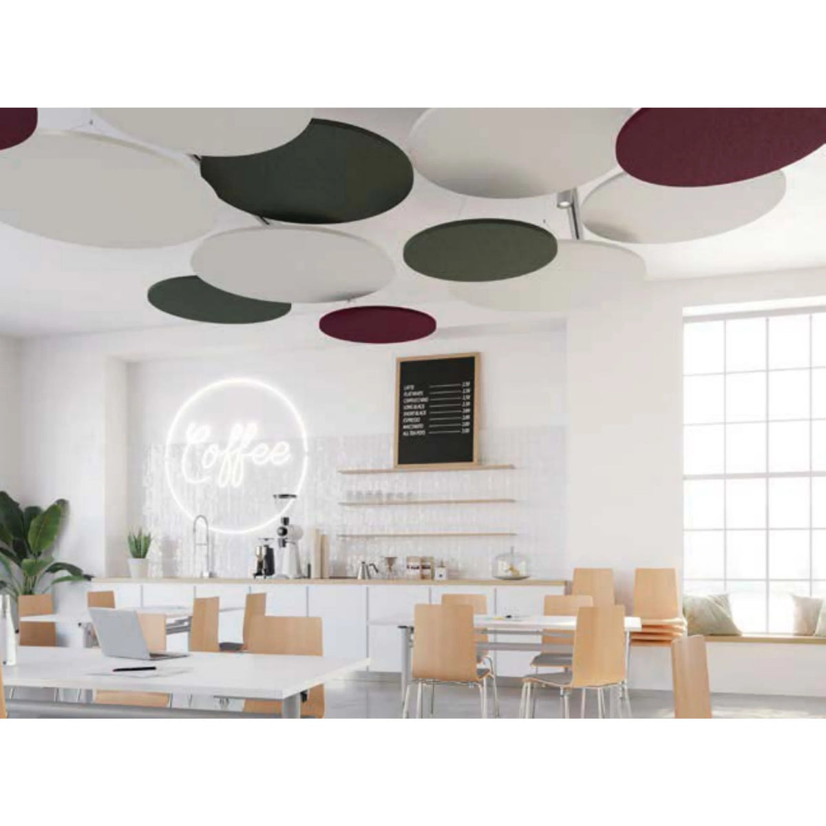 Îlots acoustiques circulaires au plafond des Accessoires ADSRB1 en différentes couleurs au plafond de hjh OFFICE PRO