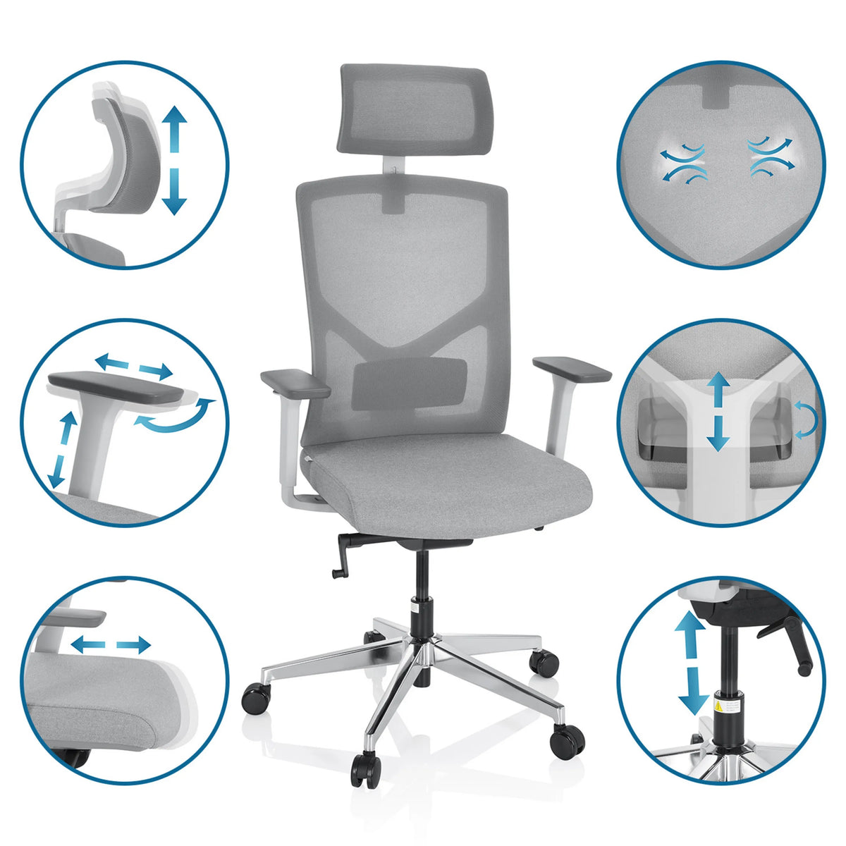 Siège de bureau de qualité professionnelle BRETON PRO W gris avec différentes options de réglage de hjh OFFICE
