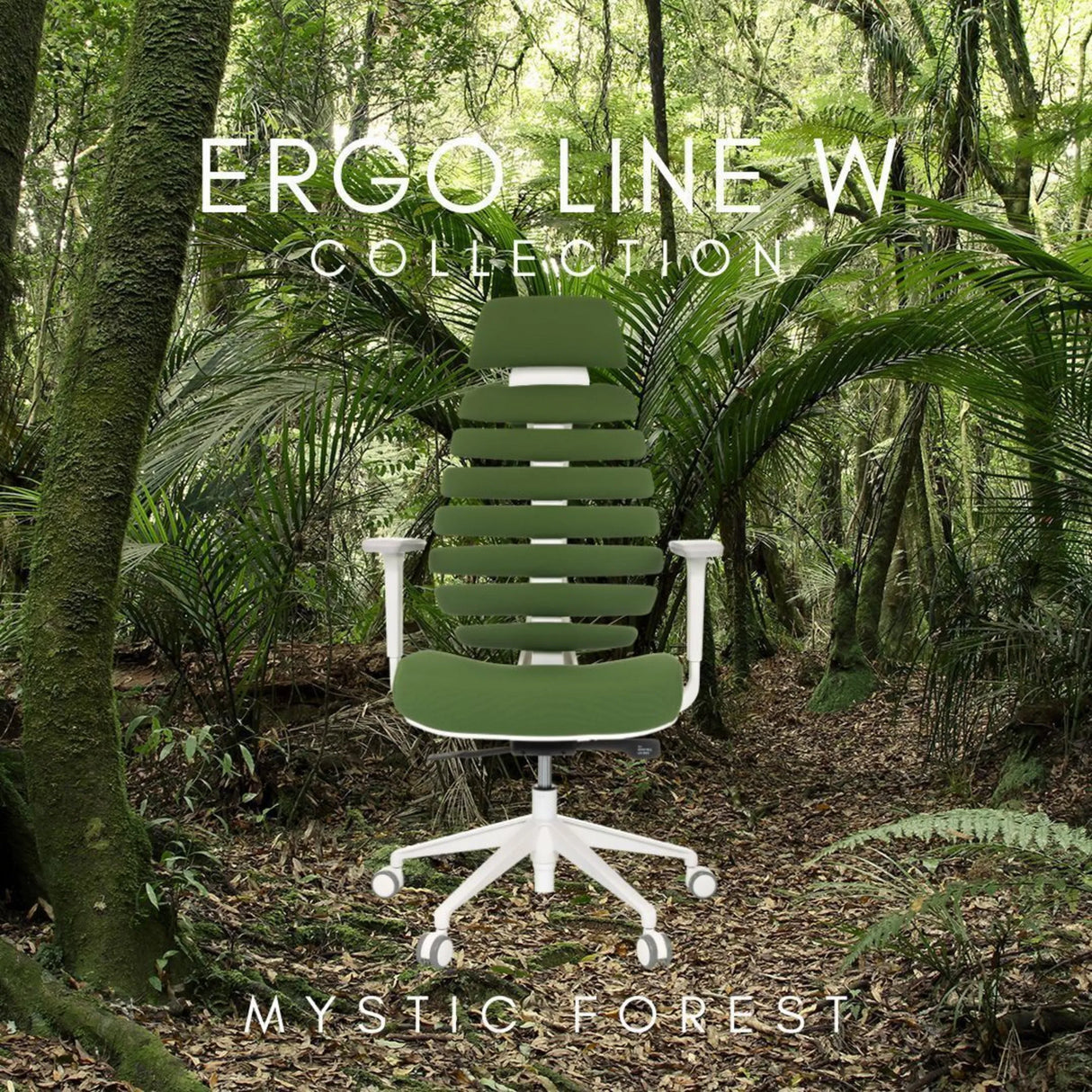 Siège de bureau de qualité professionnelle ERGO LINE W avec revêtement en tissu vert et piètement blanc sur fond de forêt de hjh OFFICE
