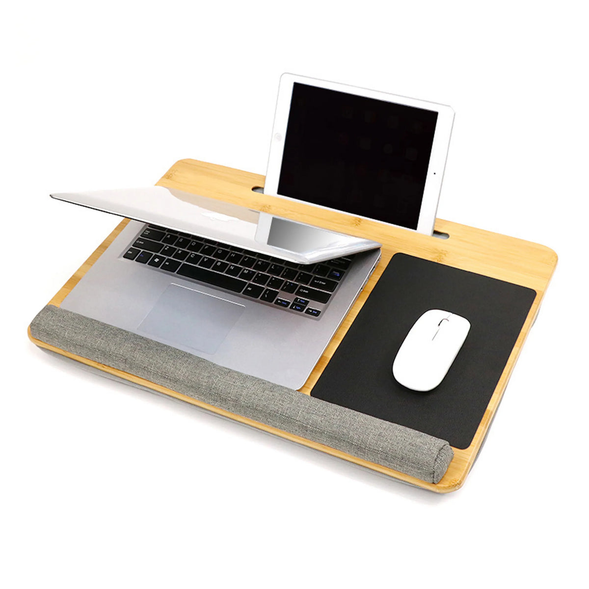 Support pour ordinateur portable COMFILAP en bambou avec zone de tapis de souris intégrée et repose-poignet gris de hjh OFFICE