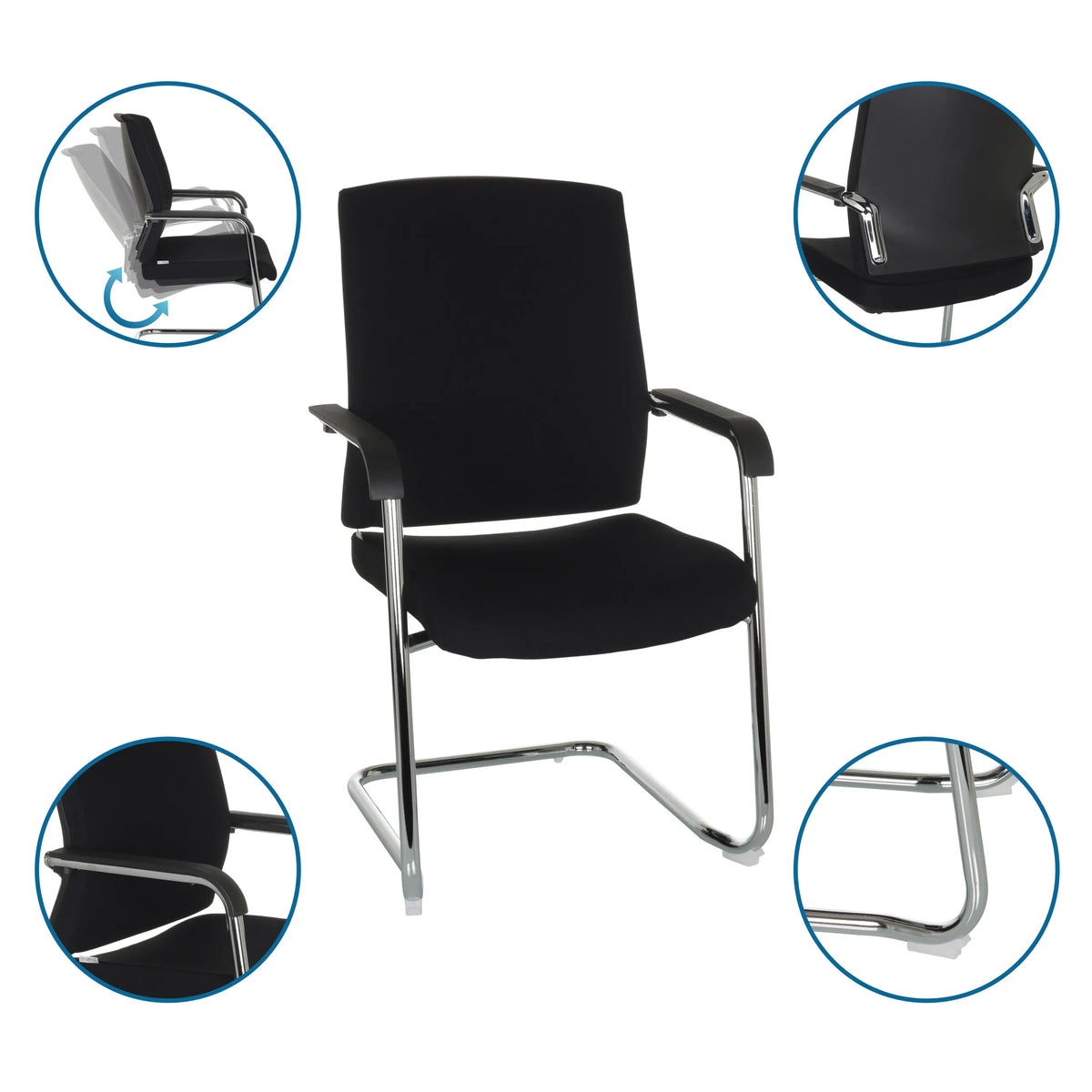 Chaise cantilever LEVIA VP noire avec accoudoirs et structure chromée, y compris des vues détaillées de hjh OFFICE