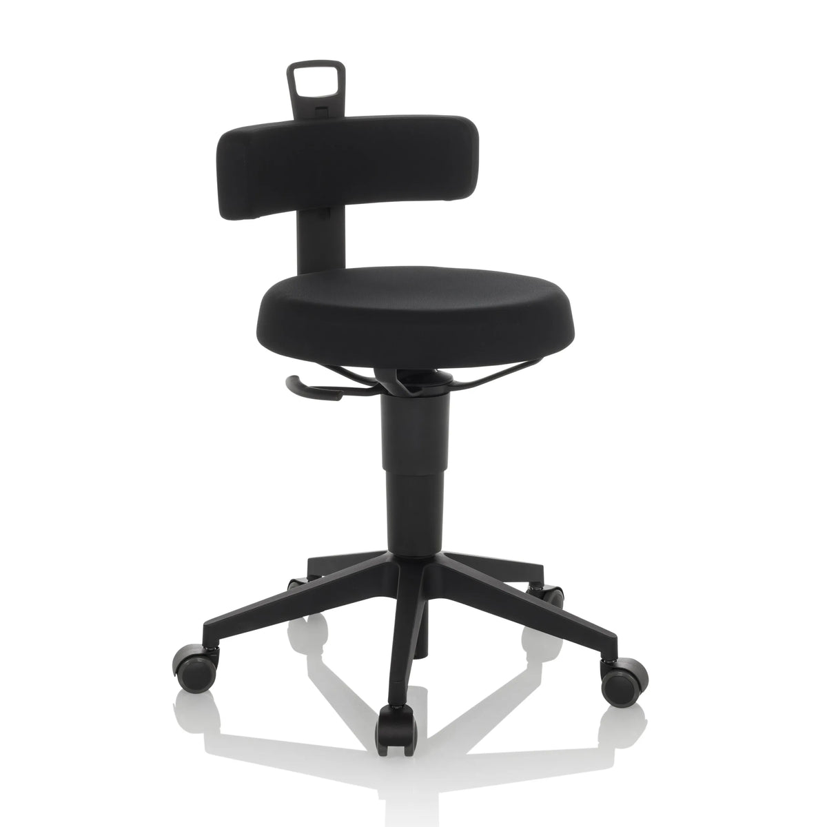 Tabouret pivotant noir TOP WORK FLEX avec dossier, poignée et piètement à cinq roulettes de hjh OFFICE – vue à 360° (vue de trois quarts avant 30°)