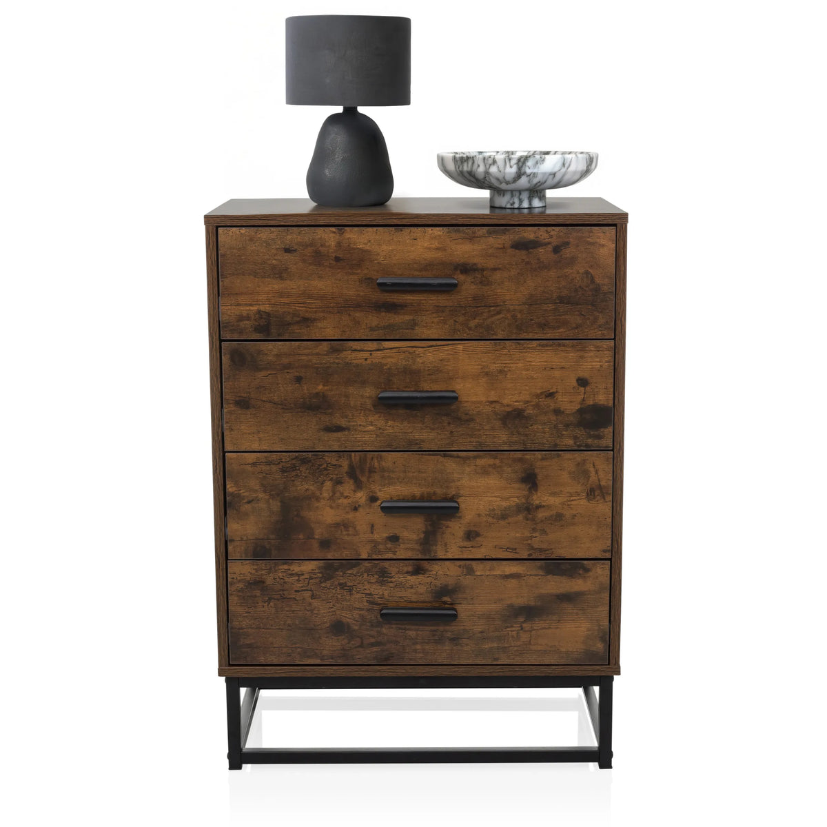 Commode VINSTRA en brun avec quatre tiroirs, des poignées noires et un piètement en métal noir de hjh LIVING