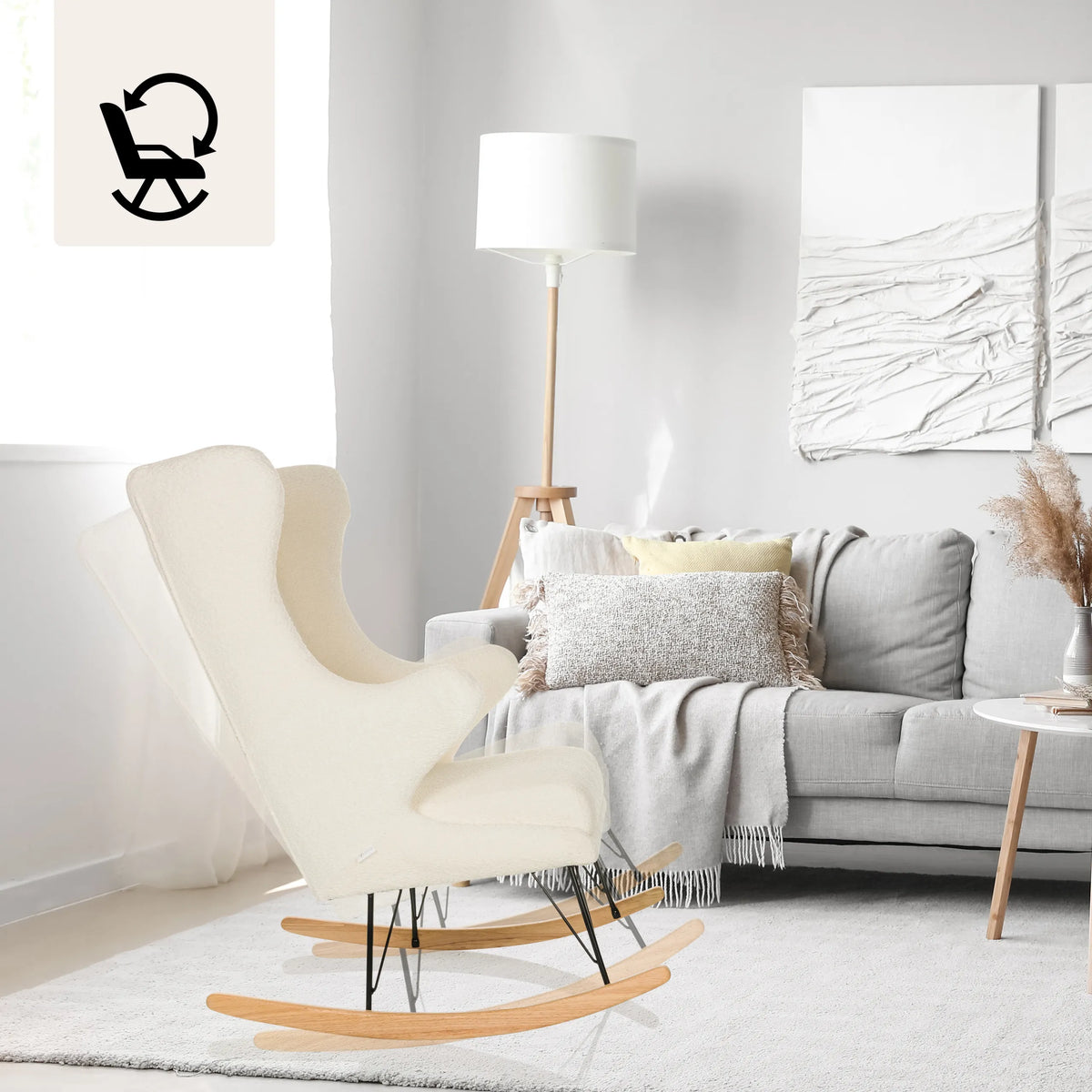 Fauteuil de salon MAPOON blanc en tant que fauteuil à bascule avec structure en bois et patins de hjh LIVING