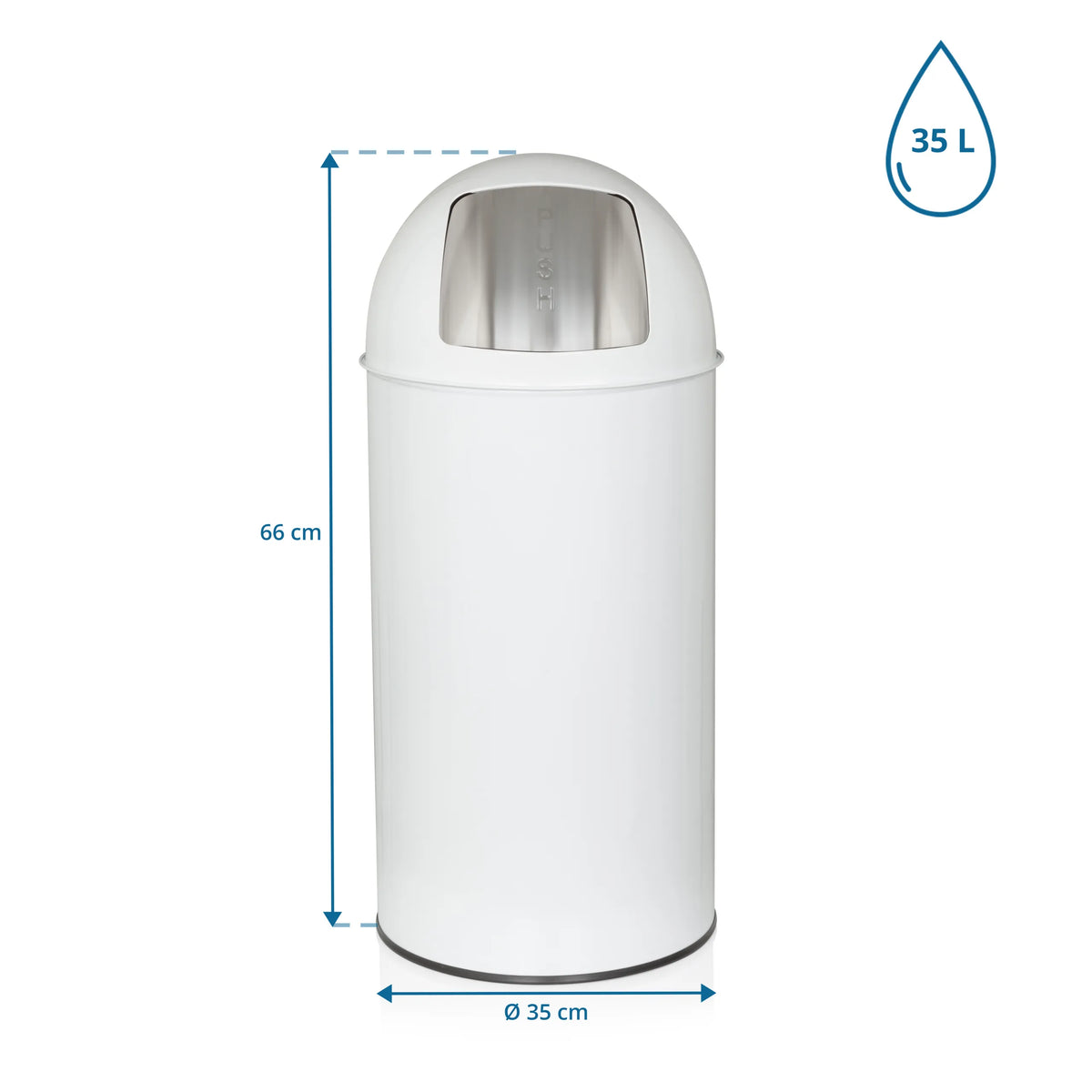 Vue dimensionnelle de la Poubelle PUSH 35L avec une hauteur de 66 cm et un diamètre de 35 cm de hjh OFFICE