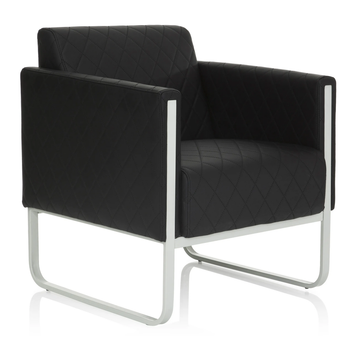 Fauteuil rembourré noir ARUBA STEP avec surpiqûres en losanges et structure argentée de hjh OFFICE – vue à 360° (vue de trois quarts avant 40°)