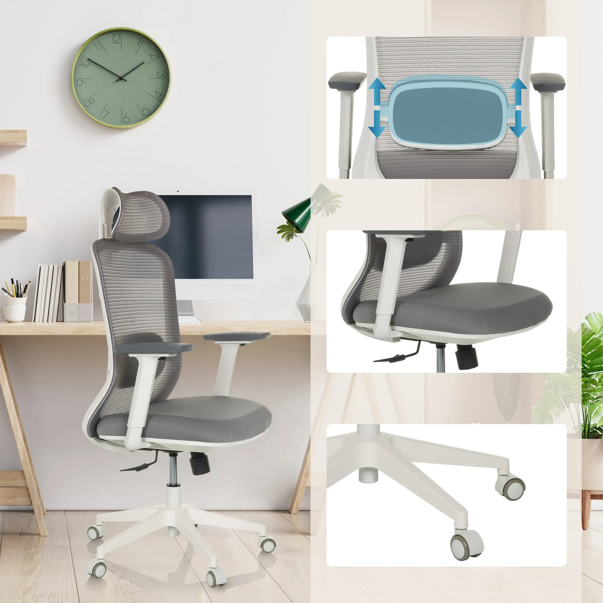Siège de bureau de qualité professionnelle MIKEO G gris avec support lombaire réglable, accoudoirs et roulettes de hjh OFFICE