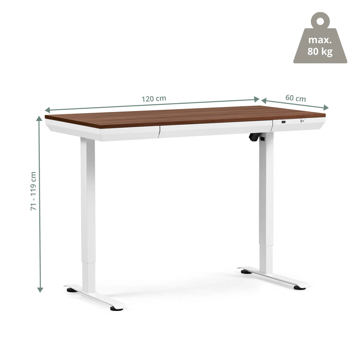 Dessin coté du bureau réglable en hauteur électriquement Worktime Plus de 120 × 60 cm de hjh OFFICE