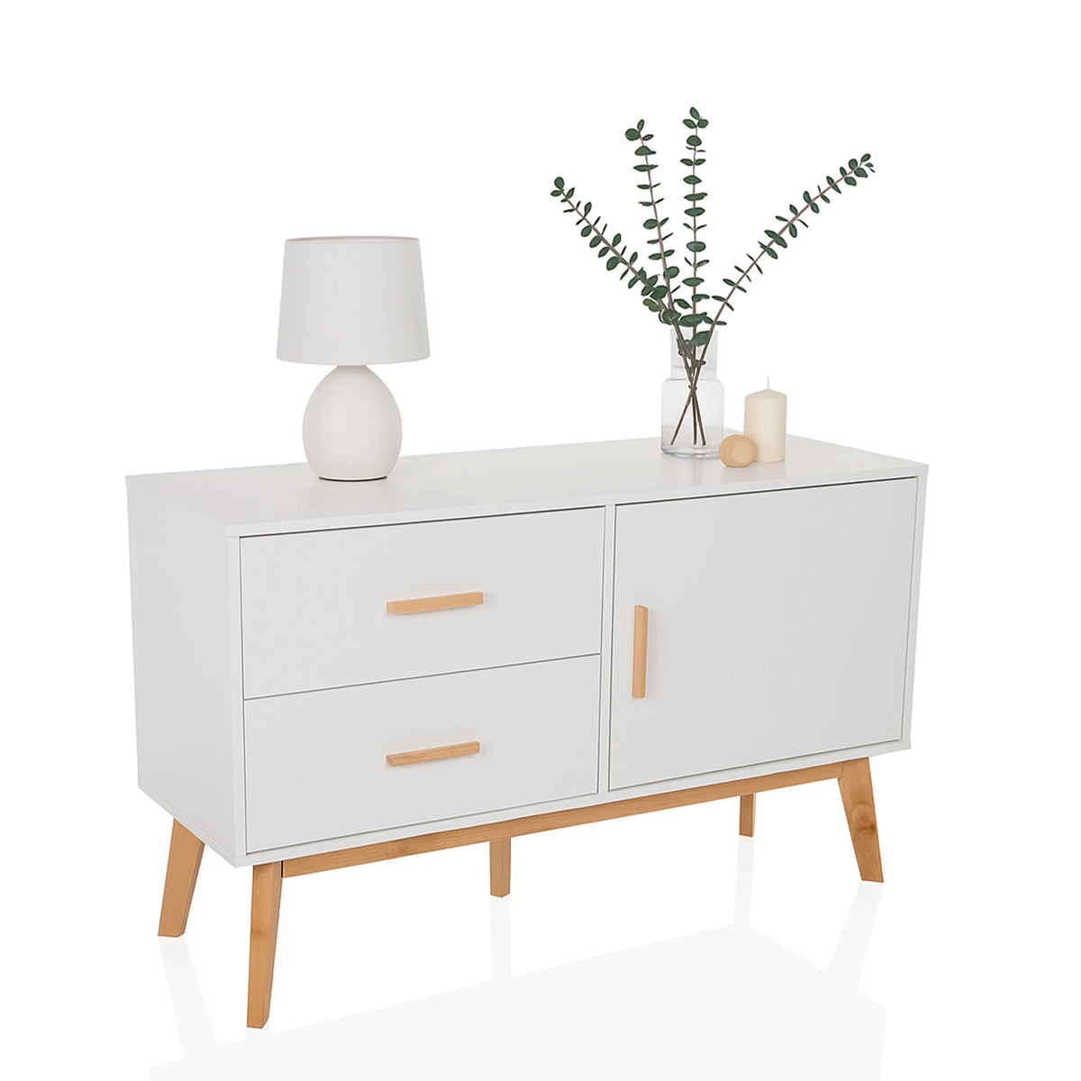 Buffet blanc TAROLO avec deux tiroirs, une porte et des pieds en bois clair de hjh LIVING