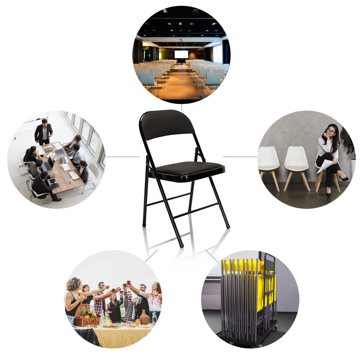 Chaise pliante TUDELA noire avec structure métallique et assise rembourrée de hjh OFFICE