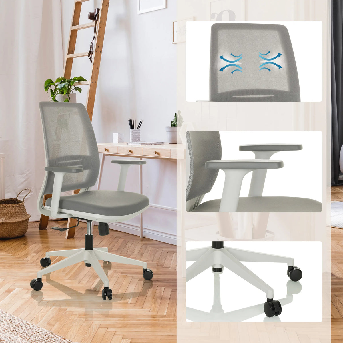 Siège de bureau à domicile PROFONDO ECO W gris avec dossier en maille, accoudoirs et base blanche de hjh OFFICE