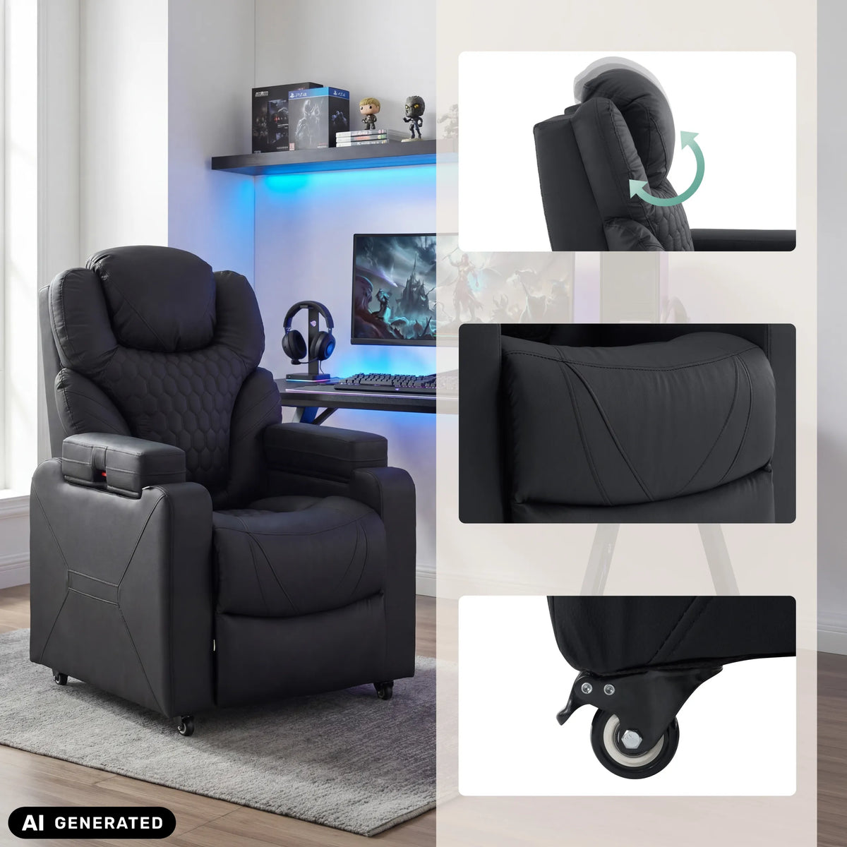 Fauteuil de salon Game Sport RX noir avec vues détaillées de l'appui-tête et des roulettes de hjh OFFICE (image générée par IA)