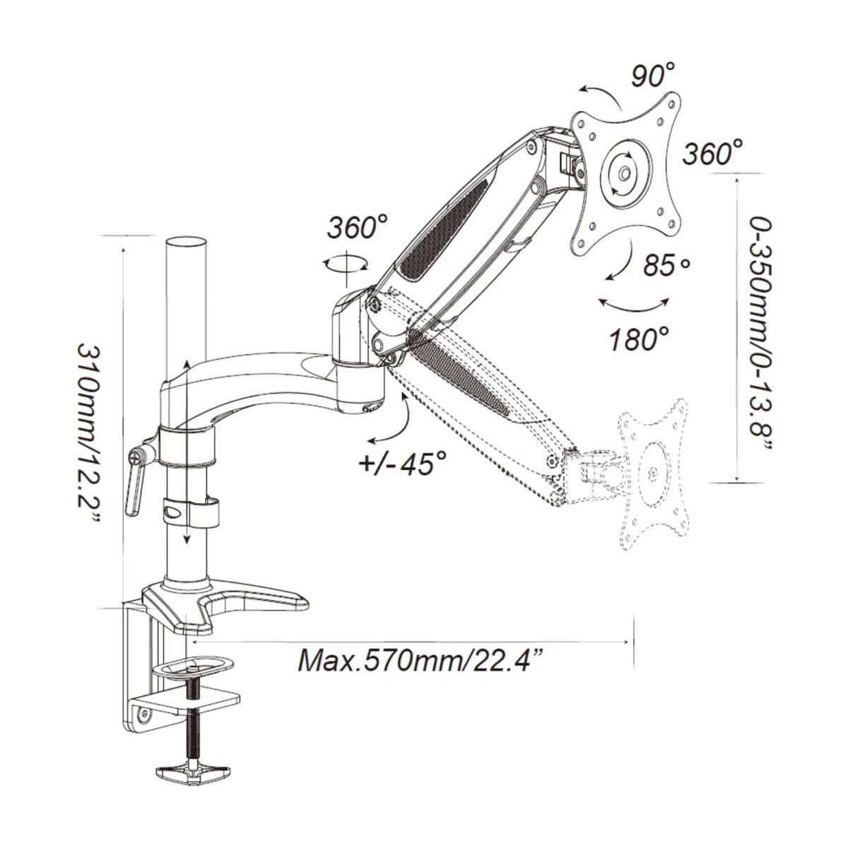 Dessin technique de la Fixation pour écran VM-MG1 avec une profondeur maximale de 570 mm de hjh OFFICE