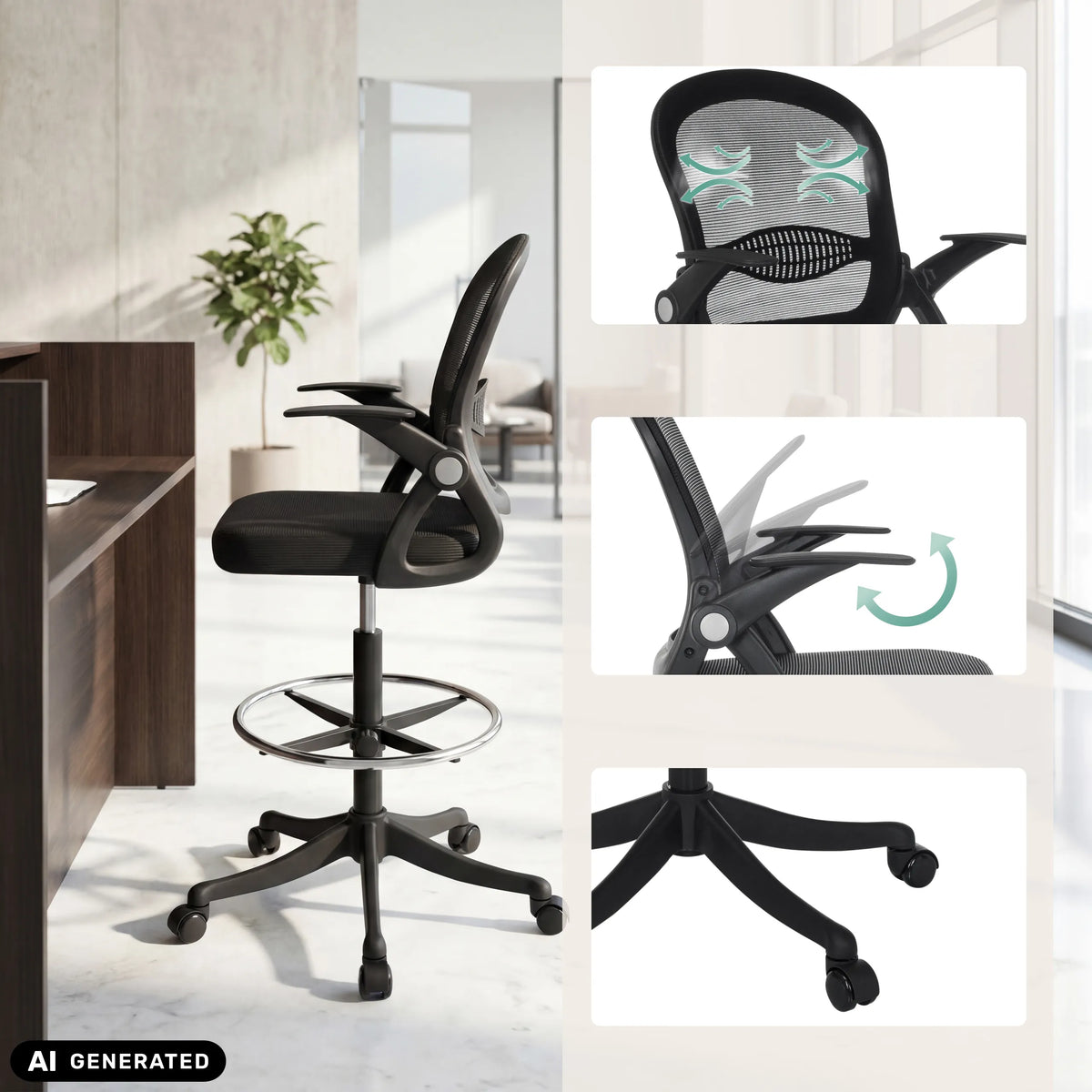 Chaise de comptoir Naluro Work en noir avec dossier en maille, accoudoirs réglables et repose-pieds de hjh OFFICE (image générée par IA)
