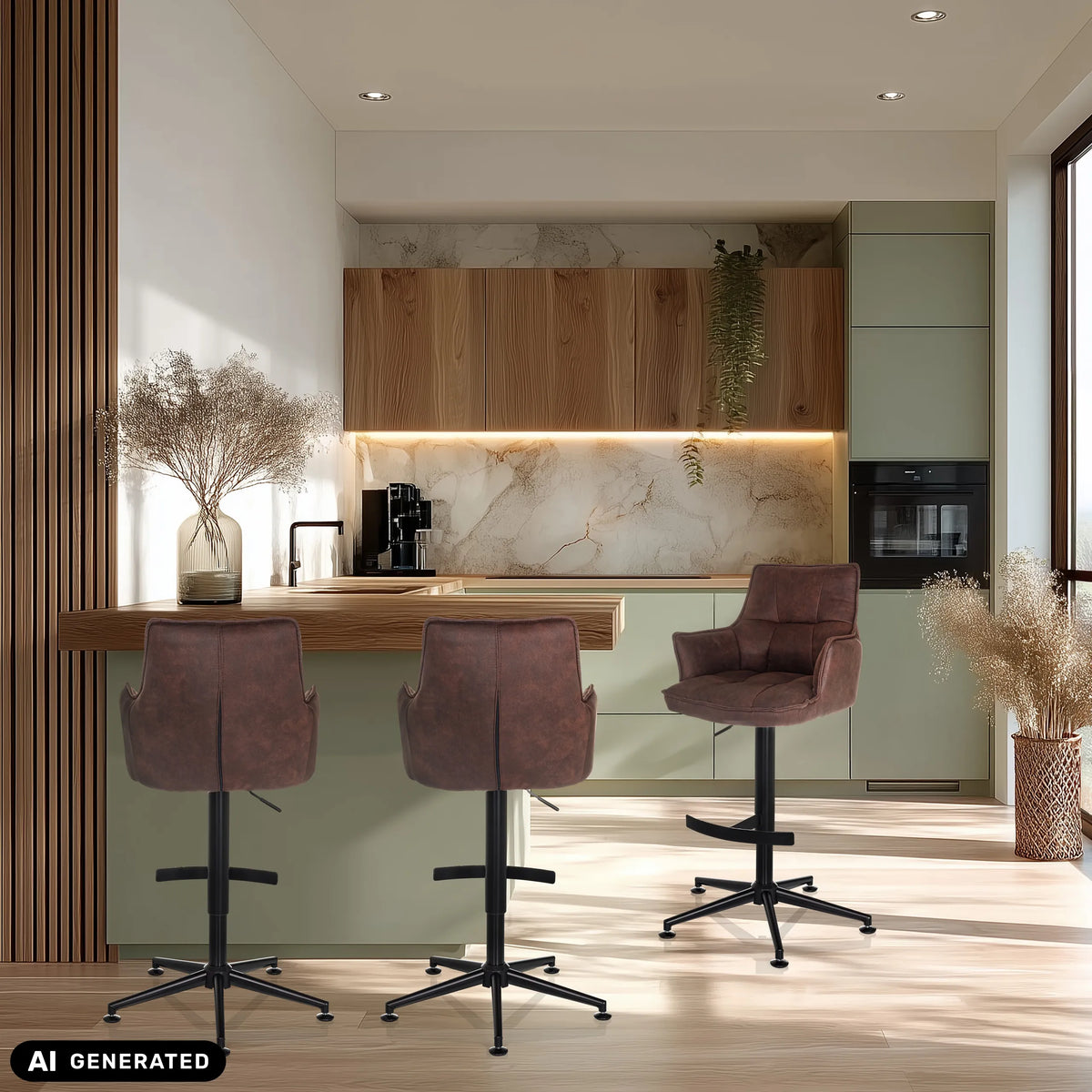 Trois tabourets de bar SOLAO LIFE HIGH marron avec pied en étoile dans une cuisine moderne de hjh LIVING (image générée par IA)