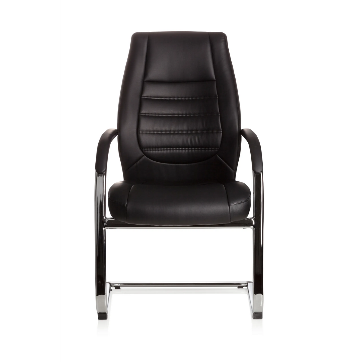 Chaises cantilever VITORO V noires avec accoudoirs et dossier capitonné de hjh OFFICE – vue à 360° (vue de face 0°)