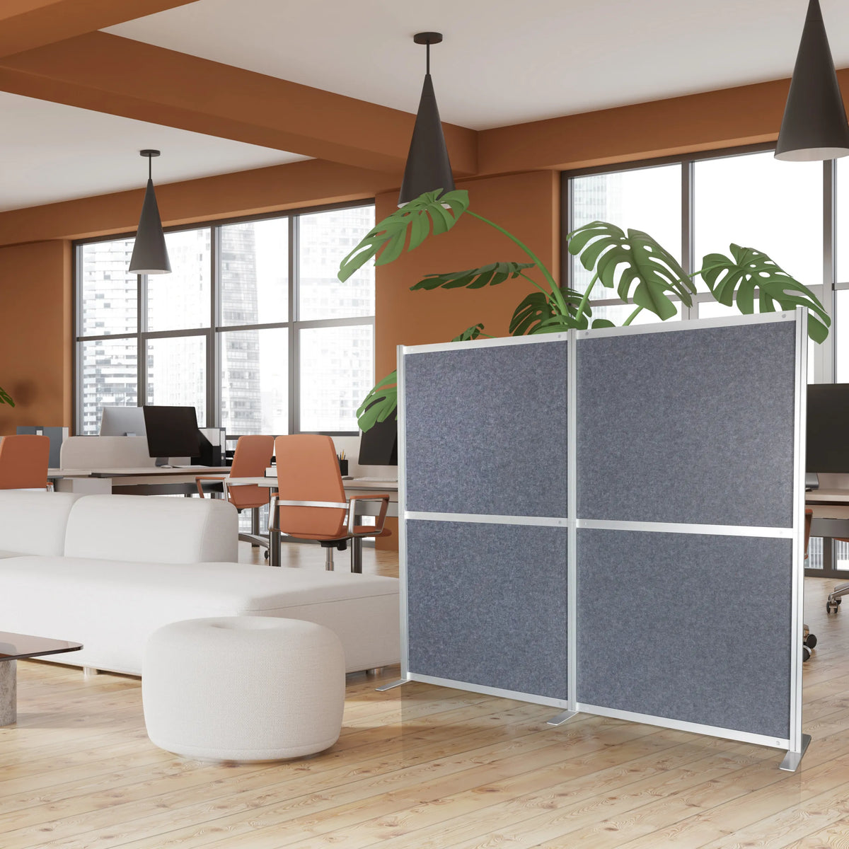 Cloison de séparation grise FLEXMIUT MODUL avec cadre en aluminium argenté dans un bureau moderne de hjh OFFICE