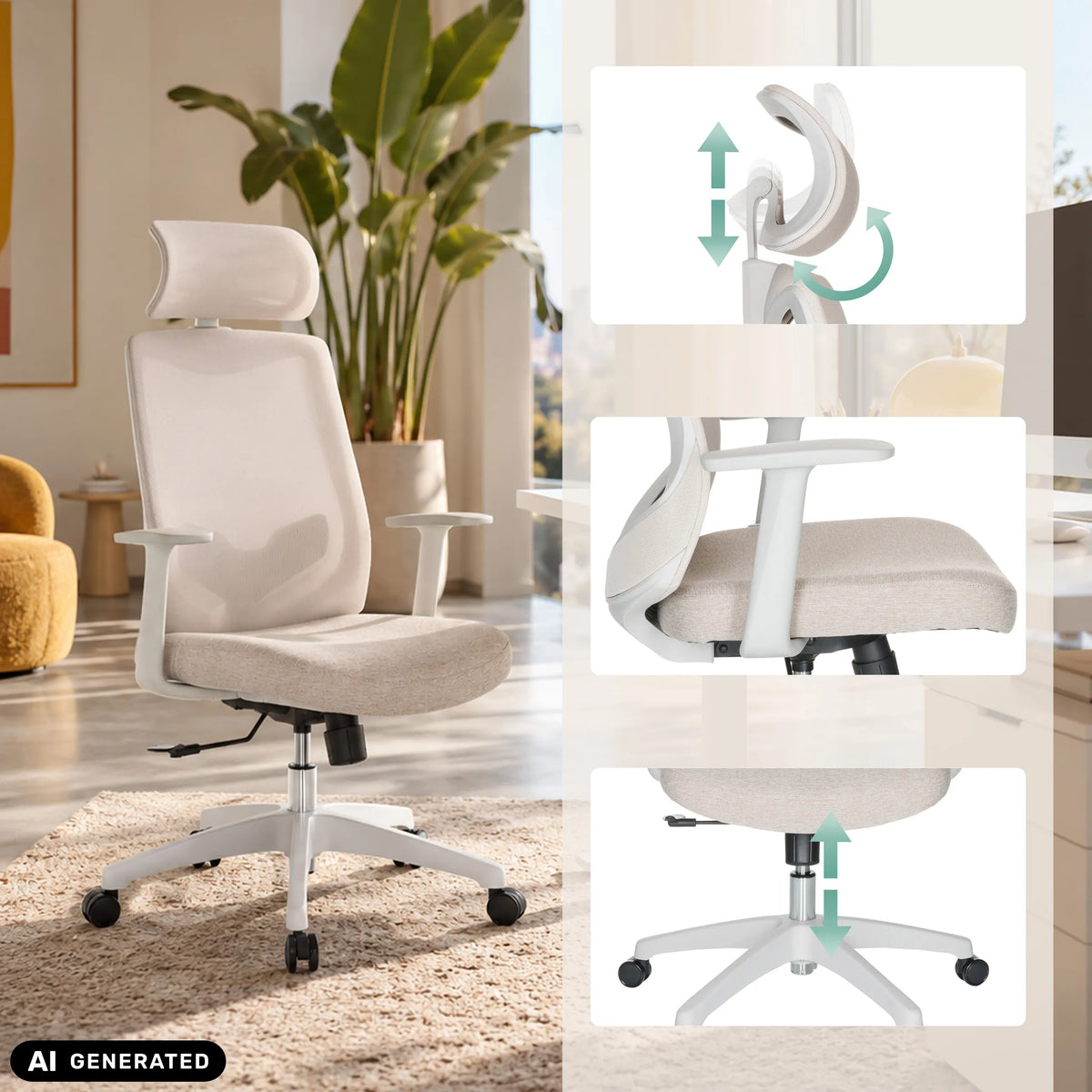 Siège de bureau à domicile MIKEO W en beige avec appuie-tête et accoudoirs réglables de hjh OFFICE
