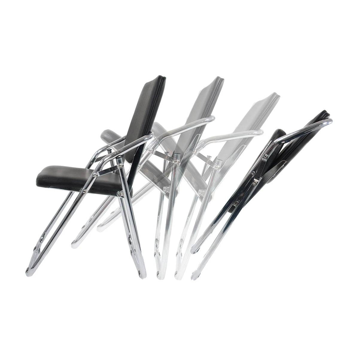Quatre chaises pliantes ESTO noires avec structure en chrome disposées en quinconce de hjh OFFICE