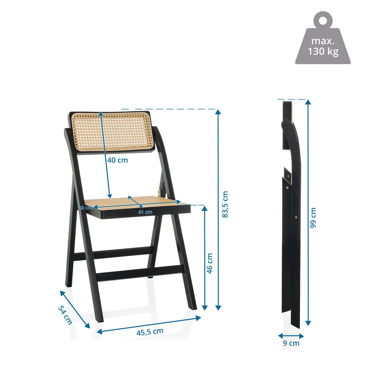 Dessin technique de la Chaise pliante TUDELA BAMBOO d'une hauteur totale de 99 cm de hjh LIVING