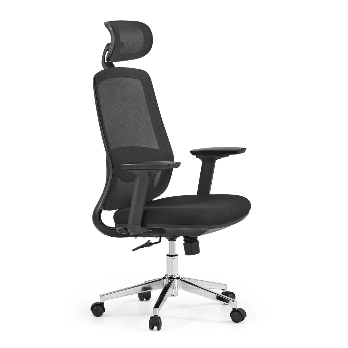 Siège de bureau de qualité professionnelle Ergosento noir avec dossier en maille, appui-tête et piètement à cinq roulettes de hjh OFFICE – vue à 360° (vue de trois quarts avant 60°)