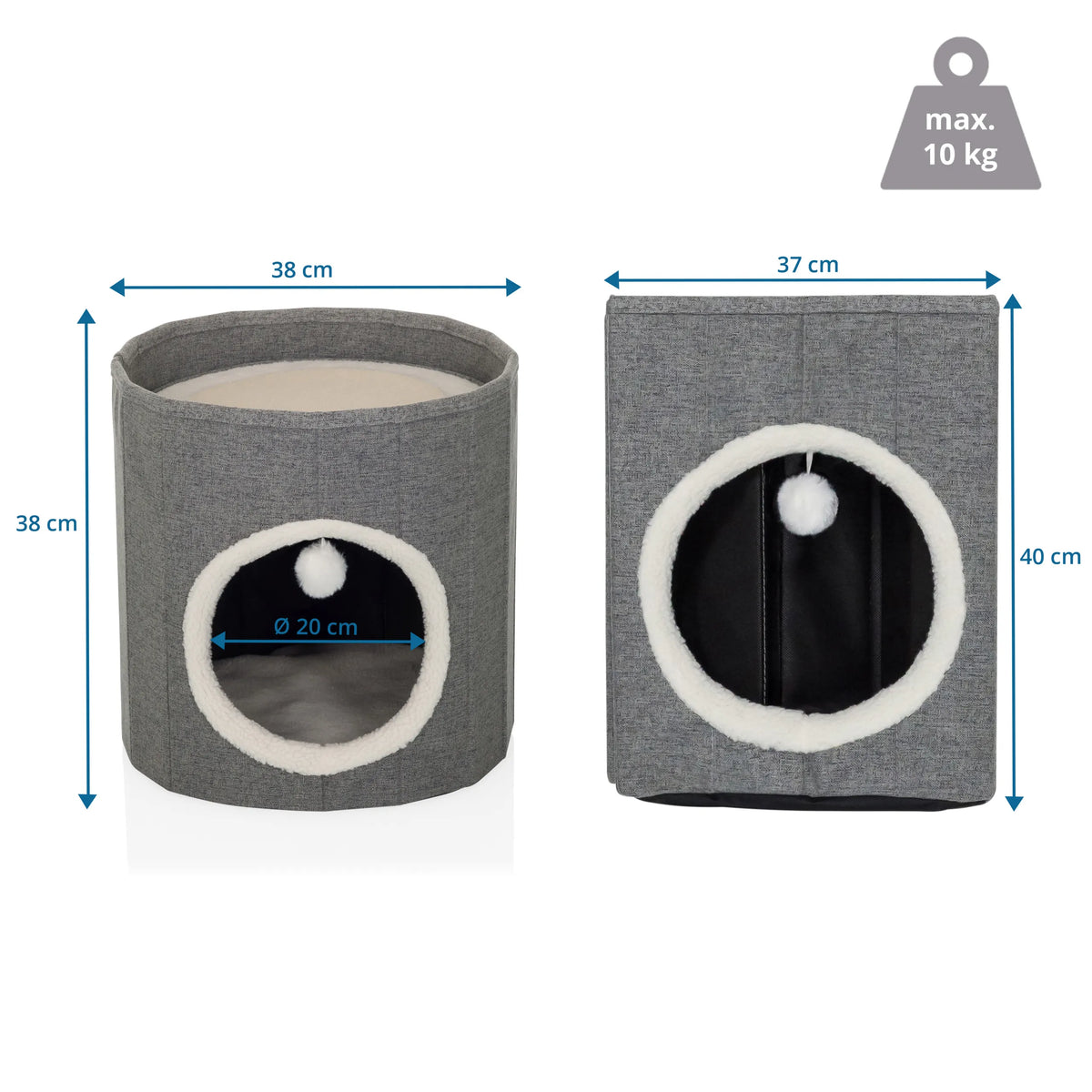 Dessin dimensionnel de la Grotte pour chat PAWY R de 38 × 38 cm et une capacité de charge maximale de 10 kg de hjh LIVING