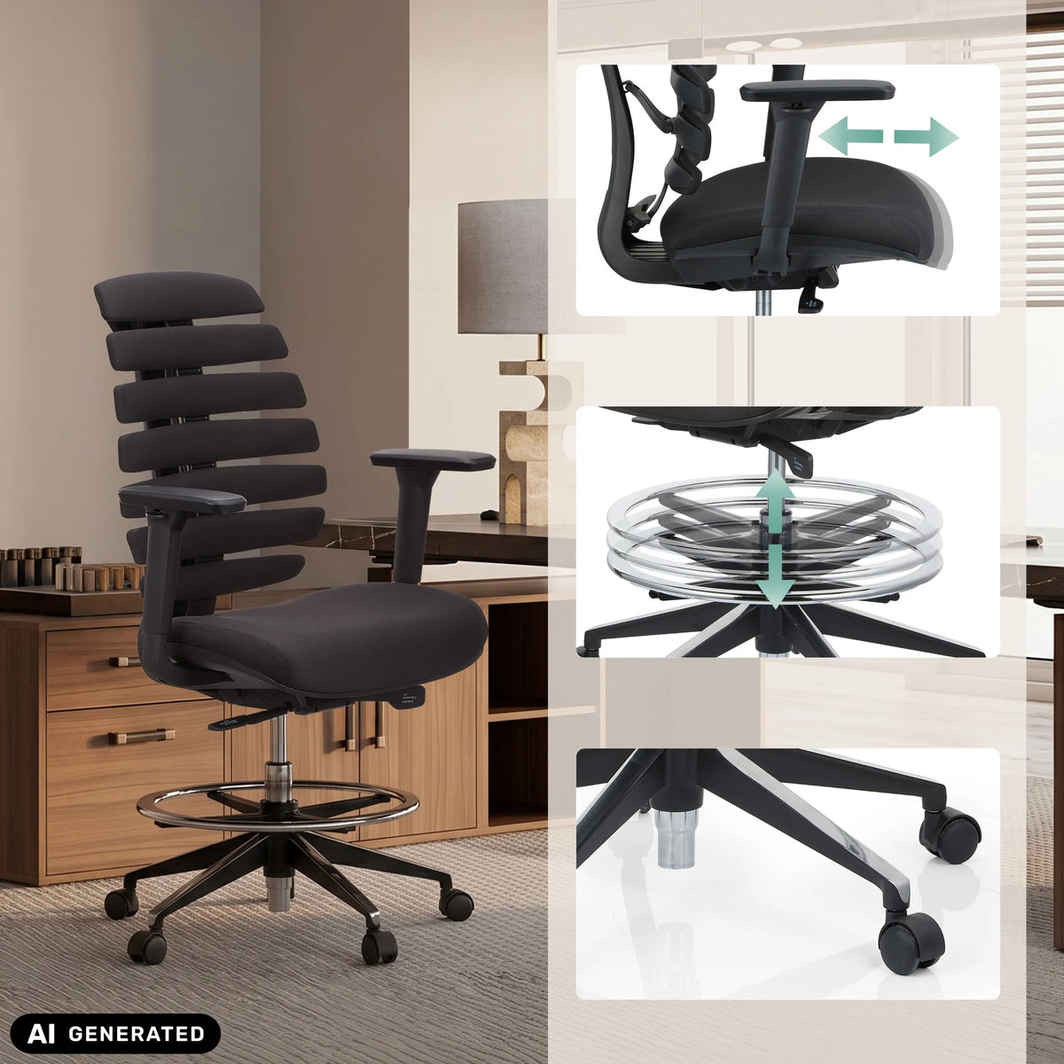 Accoudoirs réglables, repose-pieds et roulettes de la chaise de comptoir ERGO LINE II WORK en noir de hjh OFFICE