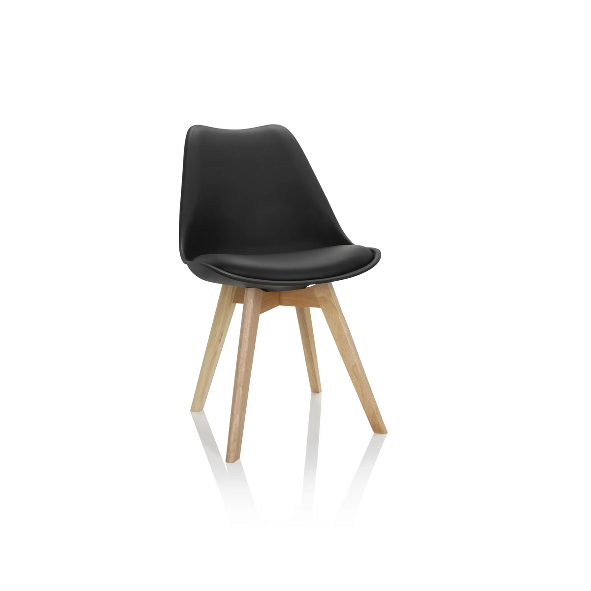 Chaise à coque SCANDI 4 noire avec quatre pieds en bois clair de hjh OFFICE – vue à 360° (vue de face 20°)