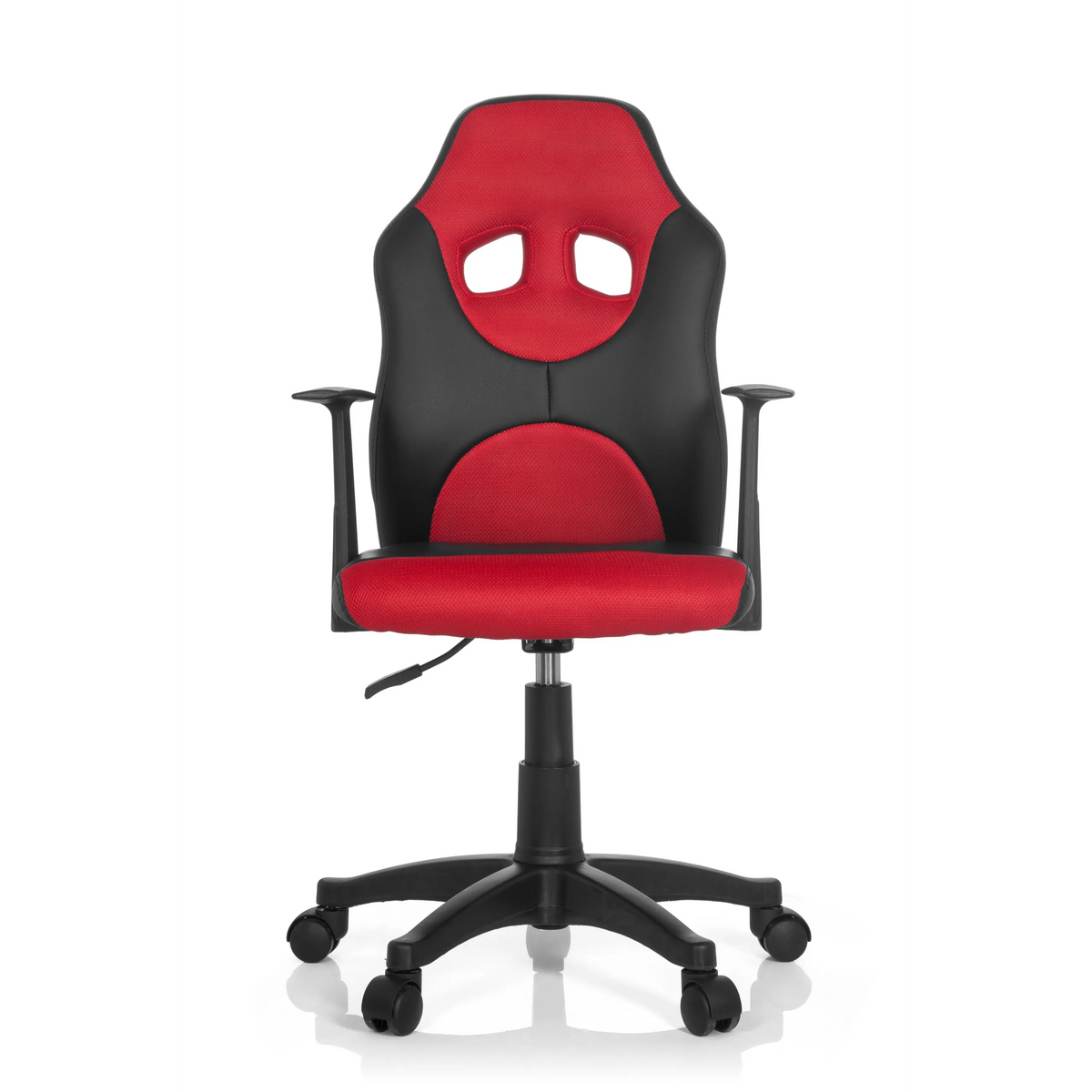 Chaise pivotante pour des enfants KID GAME AL noir et rouge avec revêtement en maille et base à cinq roulettes de hjh OFFICE – vue à 360° (vue de face 0°)