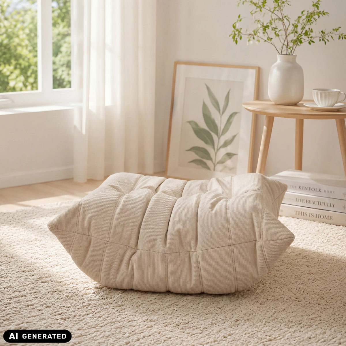 Pouf Sitzolo Podi beige avec structure matelassée sur un tapis clair de hjh LIVING (image générée par IA)